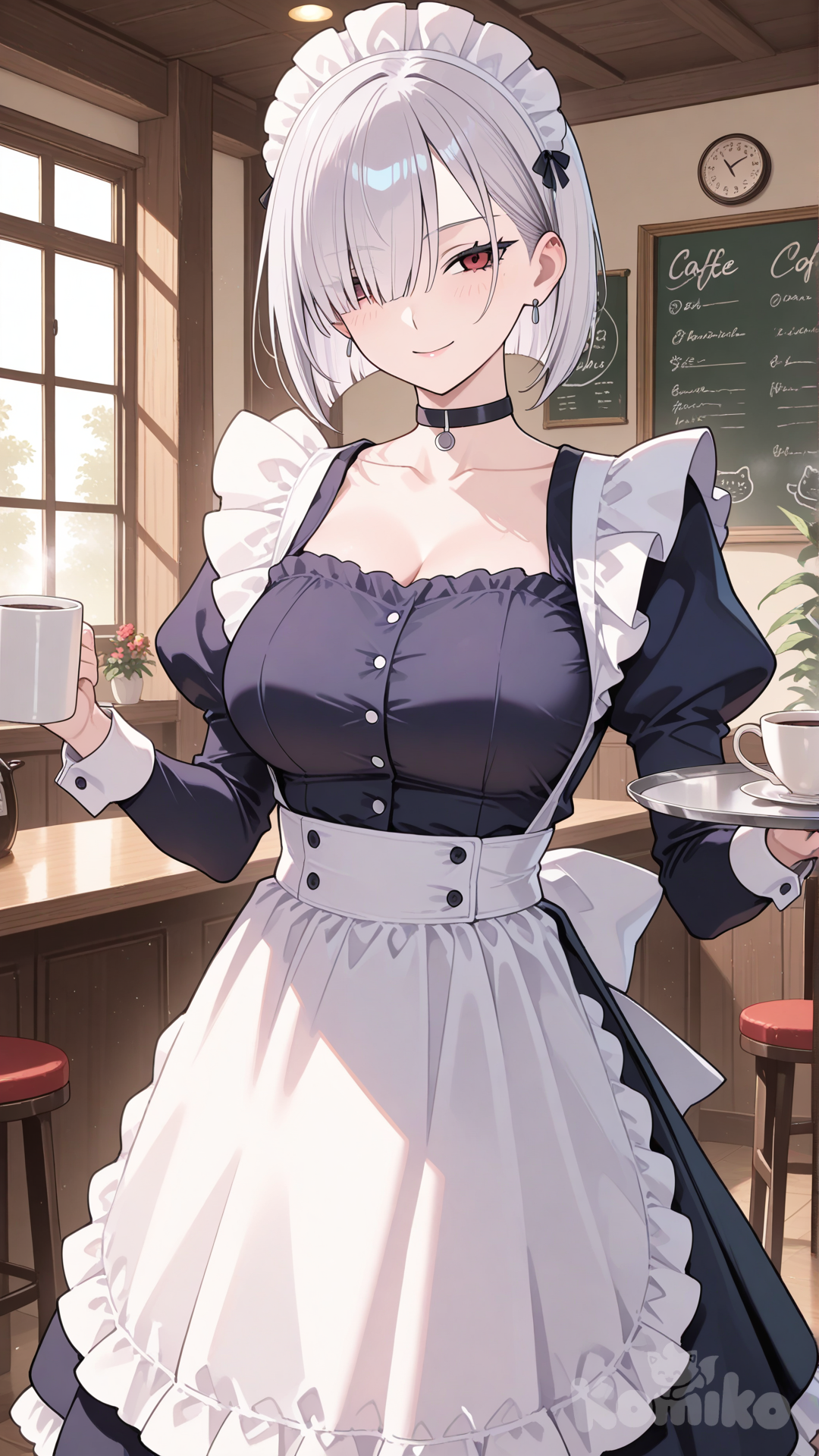 fiona frost, cafe, black choker, holding tray, coffee mug, coffee, smile, front view, maid headdress, maid apron, maid