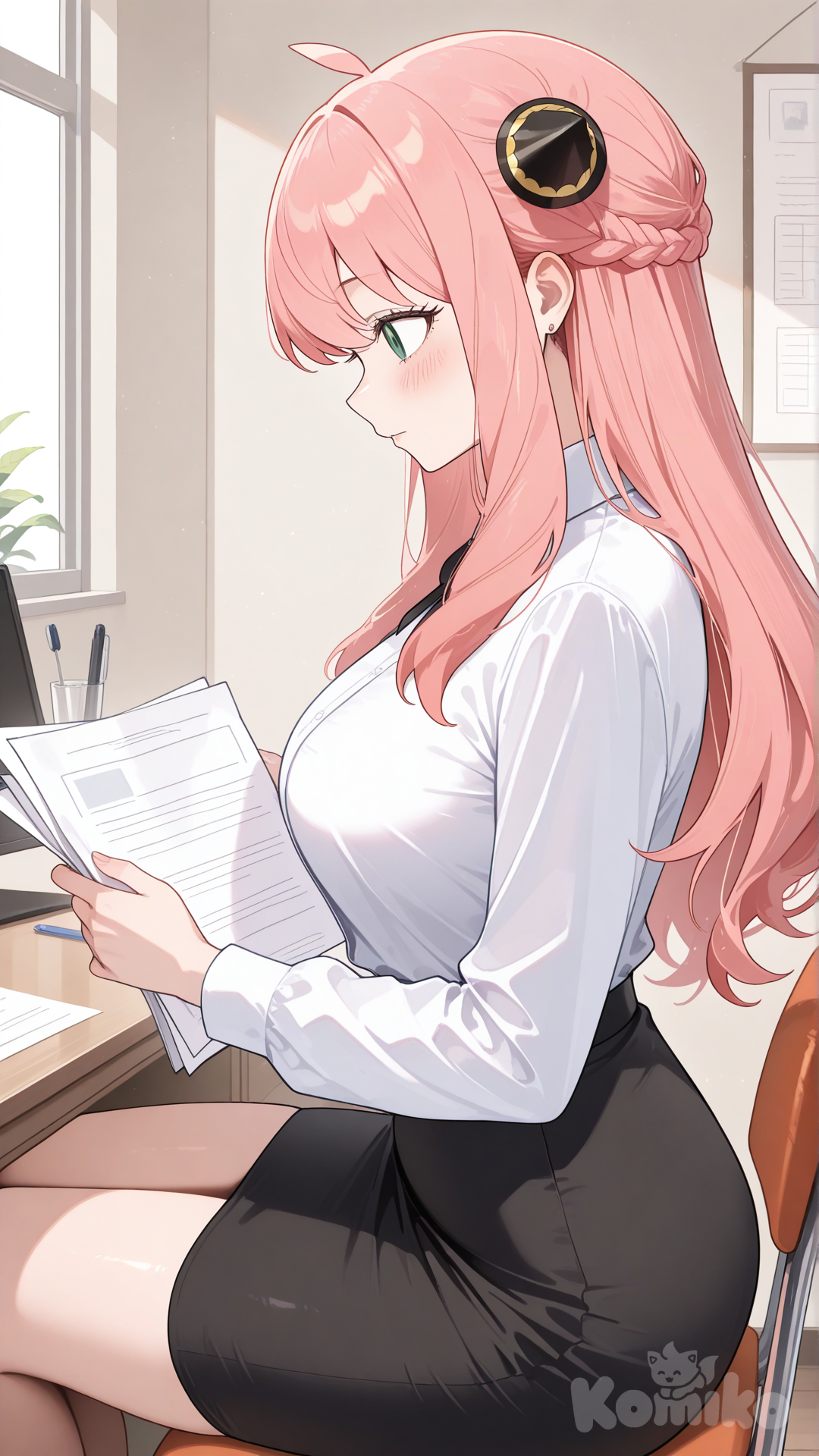 anya (spy x family), aged up, office lady, paperwork, sitting at desk, from side, upper body