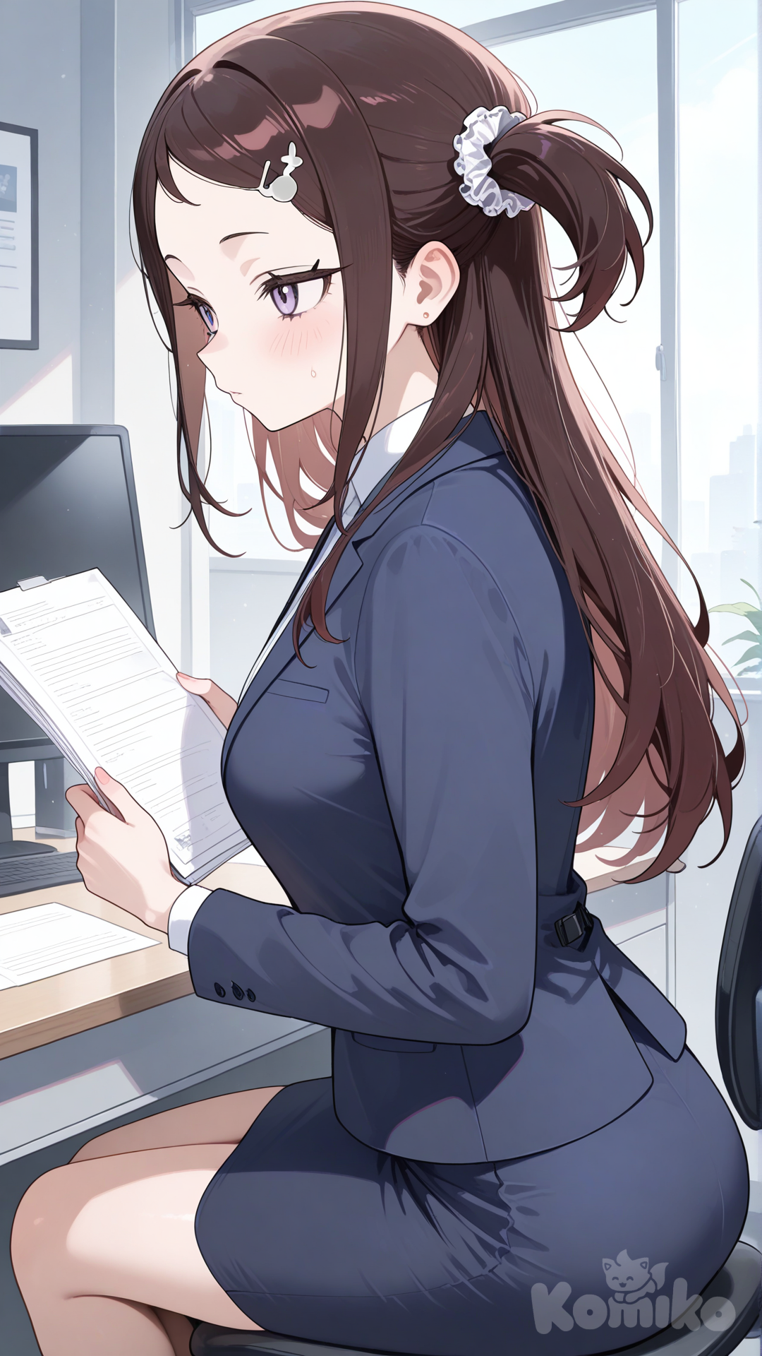 becky blackbell, aged up, office lady, paperwork, sitting at desk, from side, upper body
