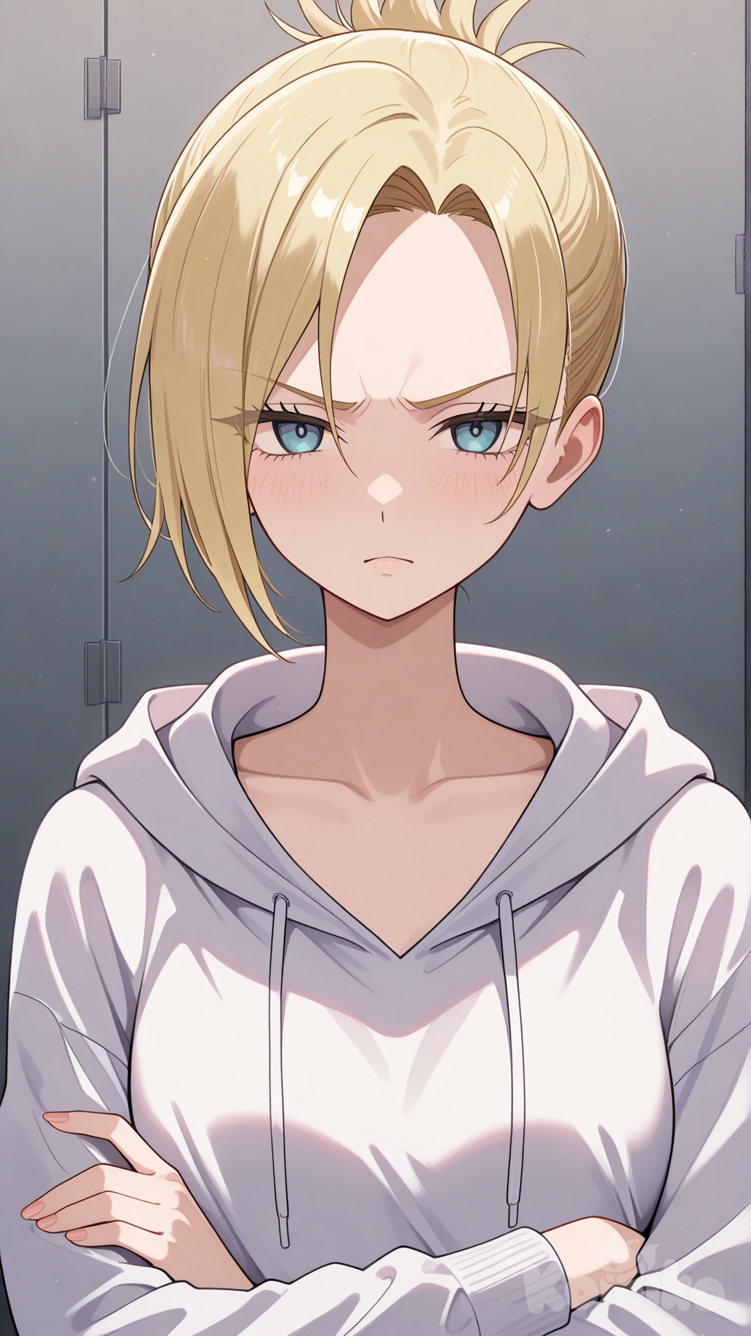 annie leonhart, furrowed brow, angry, crossed arms, facing viewer, looking at viewer, official alternate costume, upper body