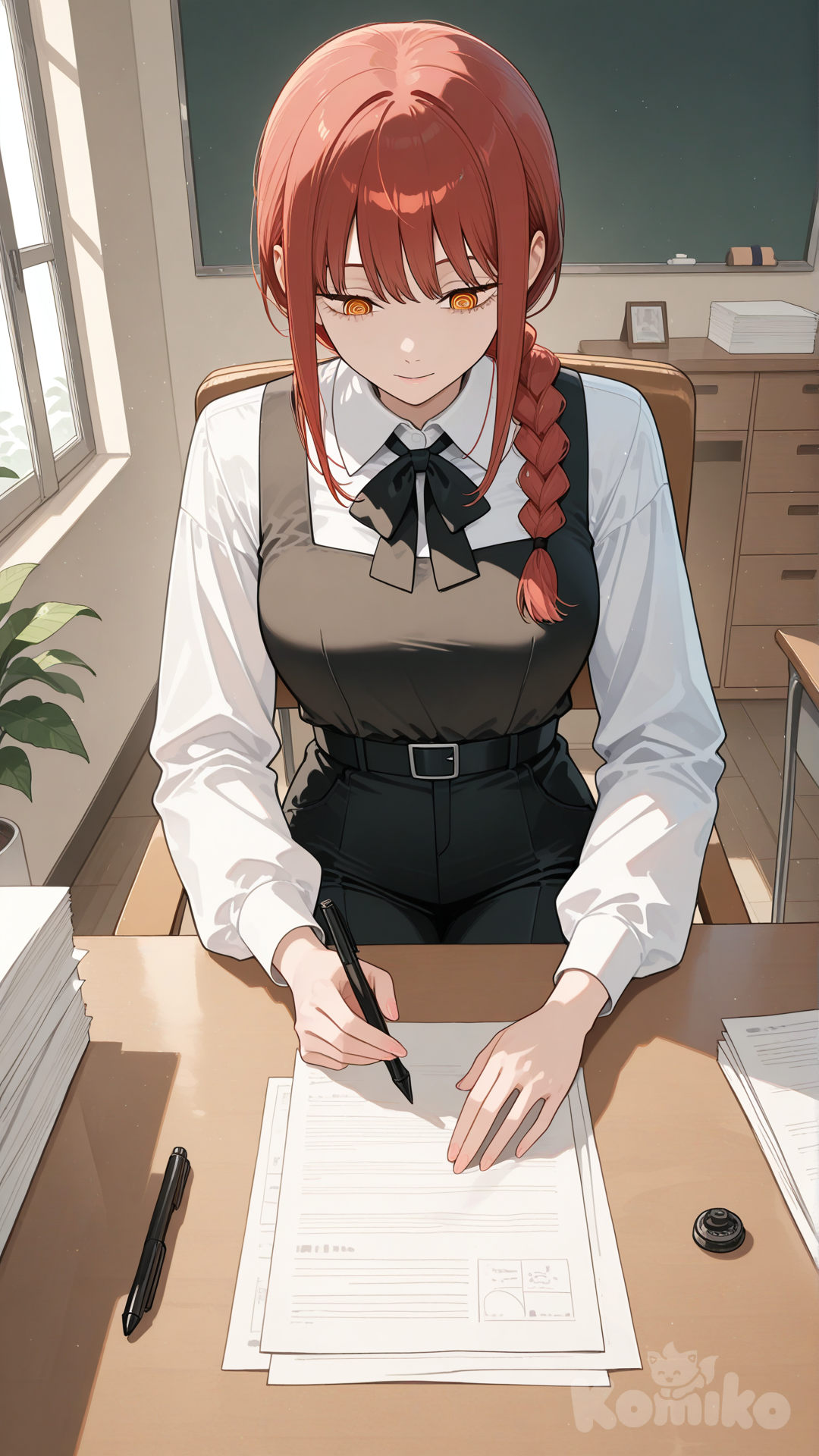 makima (chainsaw man), official alternate costume, desk, sitting at desk, looking down, paperwork, front view, writing