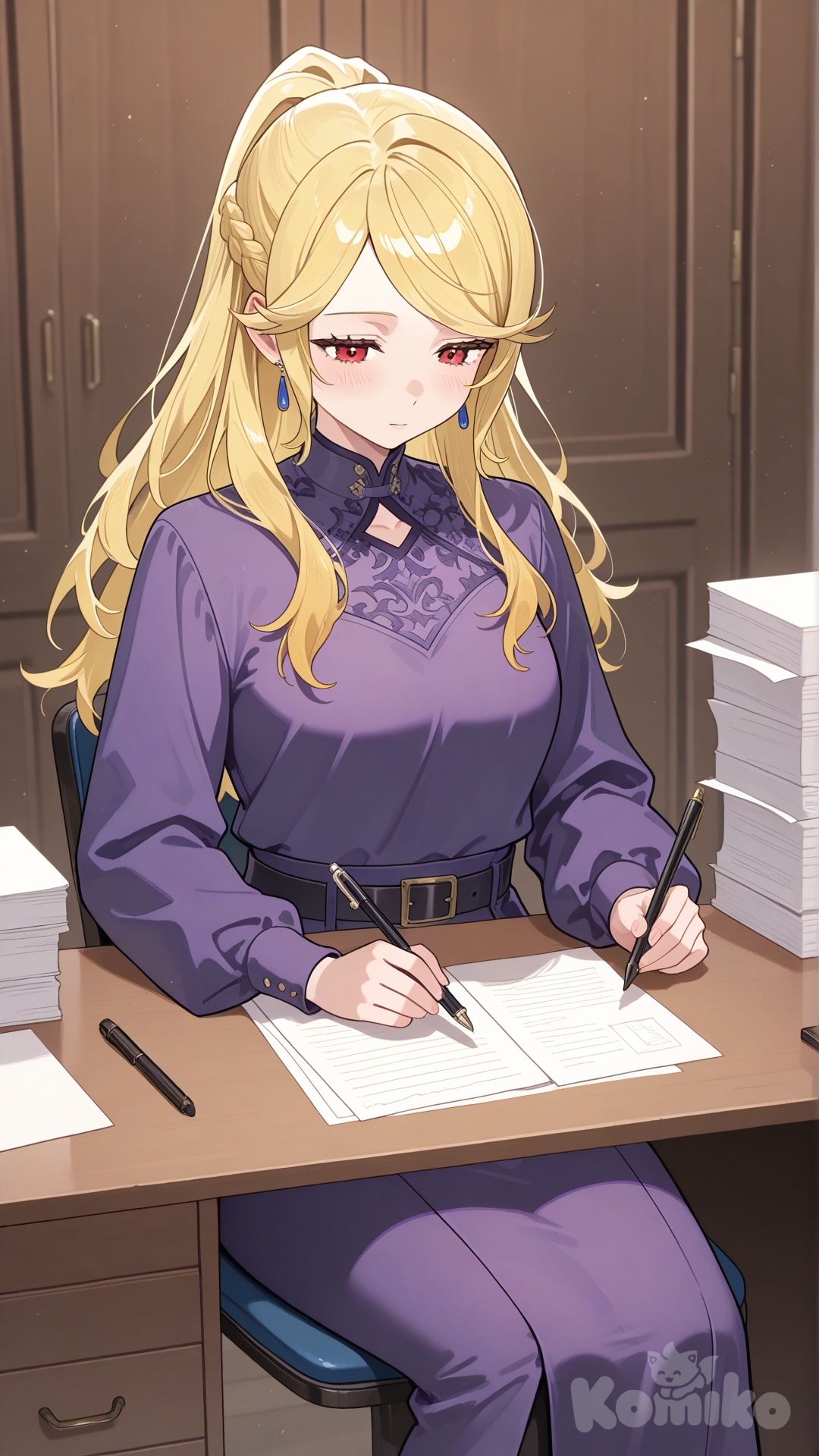 office worker, desk, sitting at desk, looking down, paperwork, front view, writing