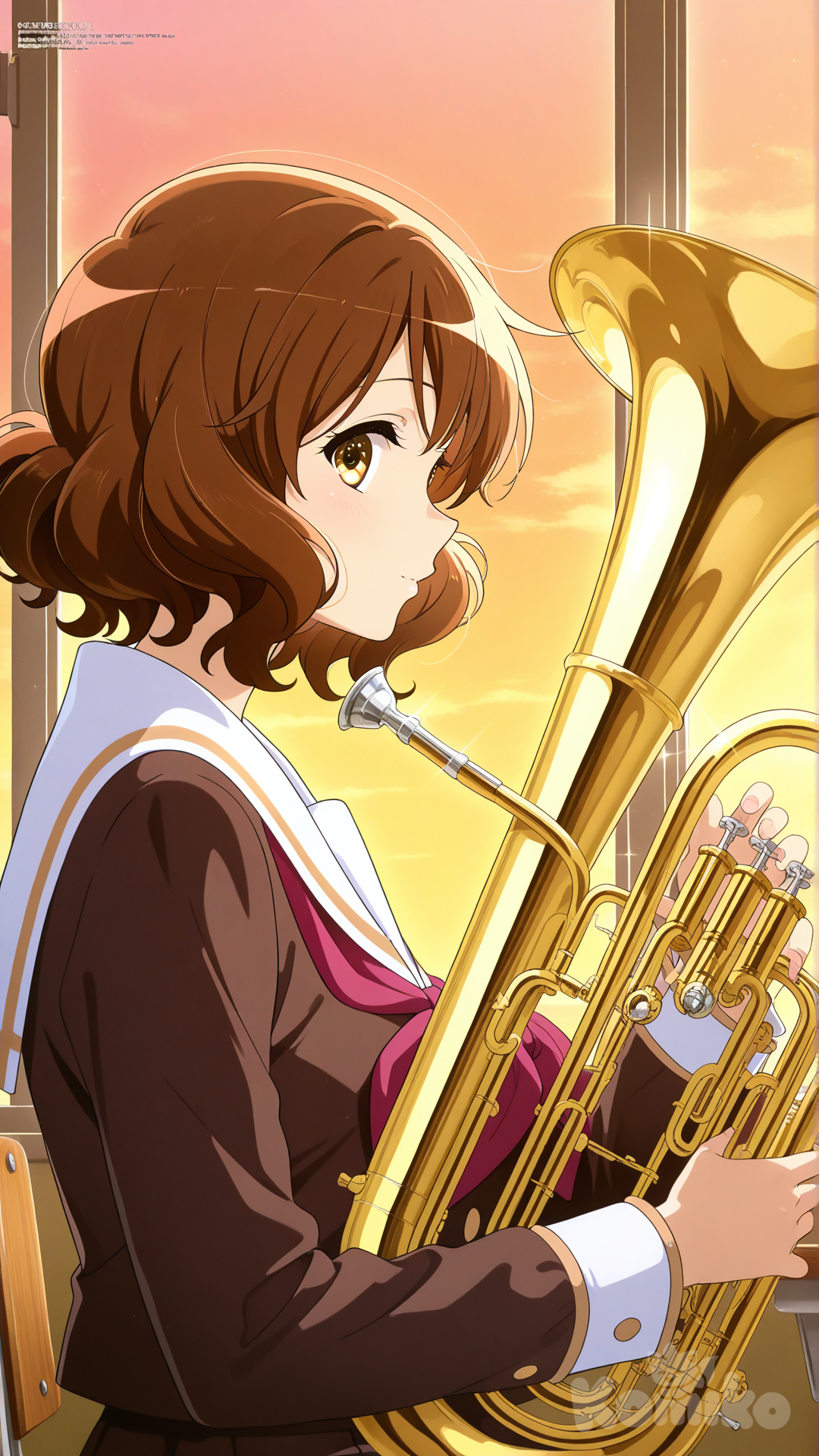oumae kumiko, official style, holding euphonium, sitting, upper body, from side, looking at viewer