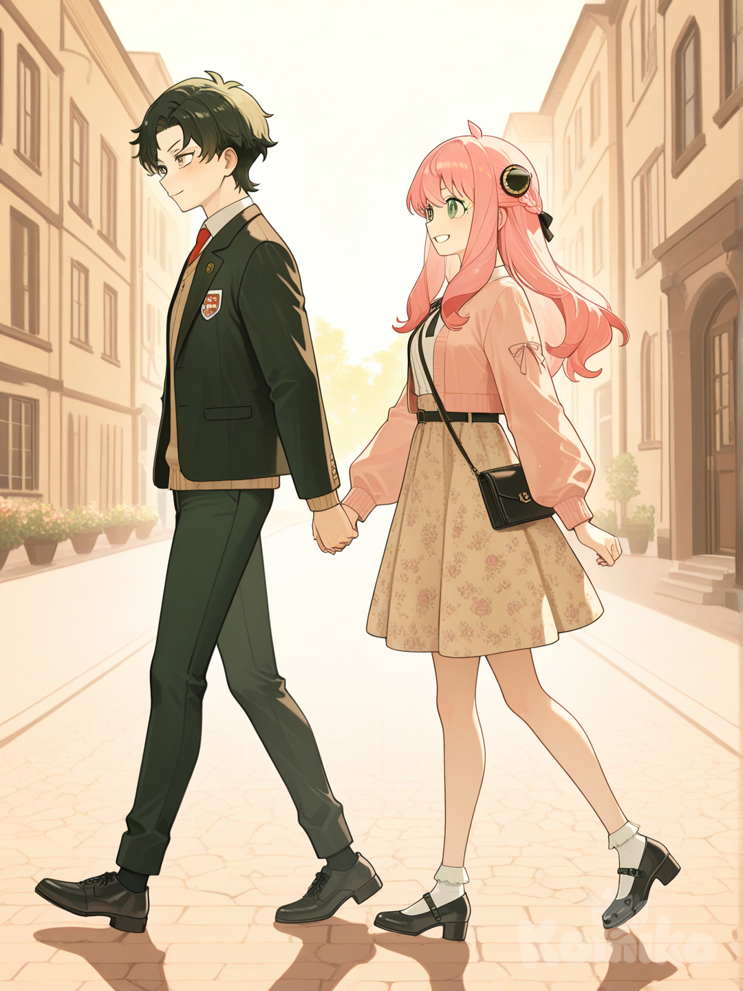 anya (spy x family), damian desmond (spy x family), aged up, walking, holding hands, side-by-side, looking at each other, light smile