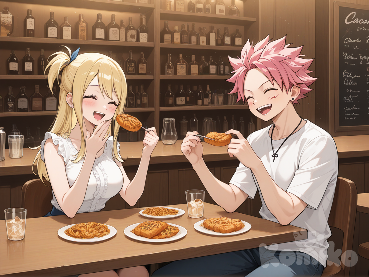 lucy heartfilia, natsu dragneel, sitting at a counter, eating lunch, smile, laughing, looking at each other, closed eyes