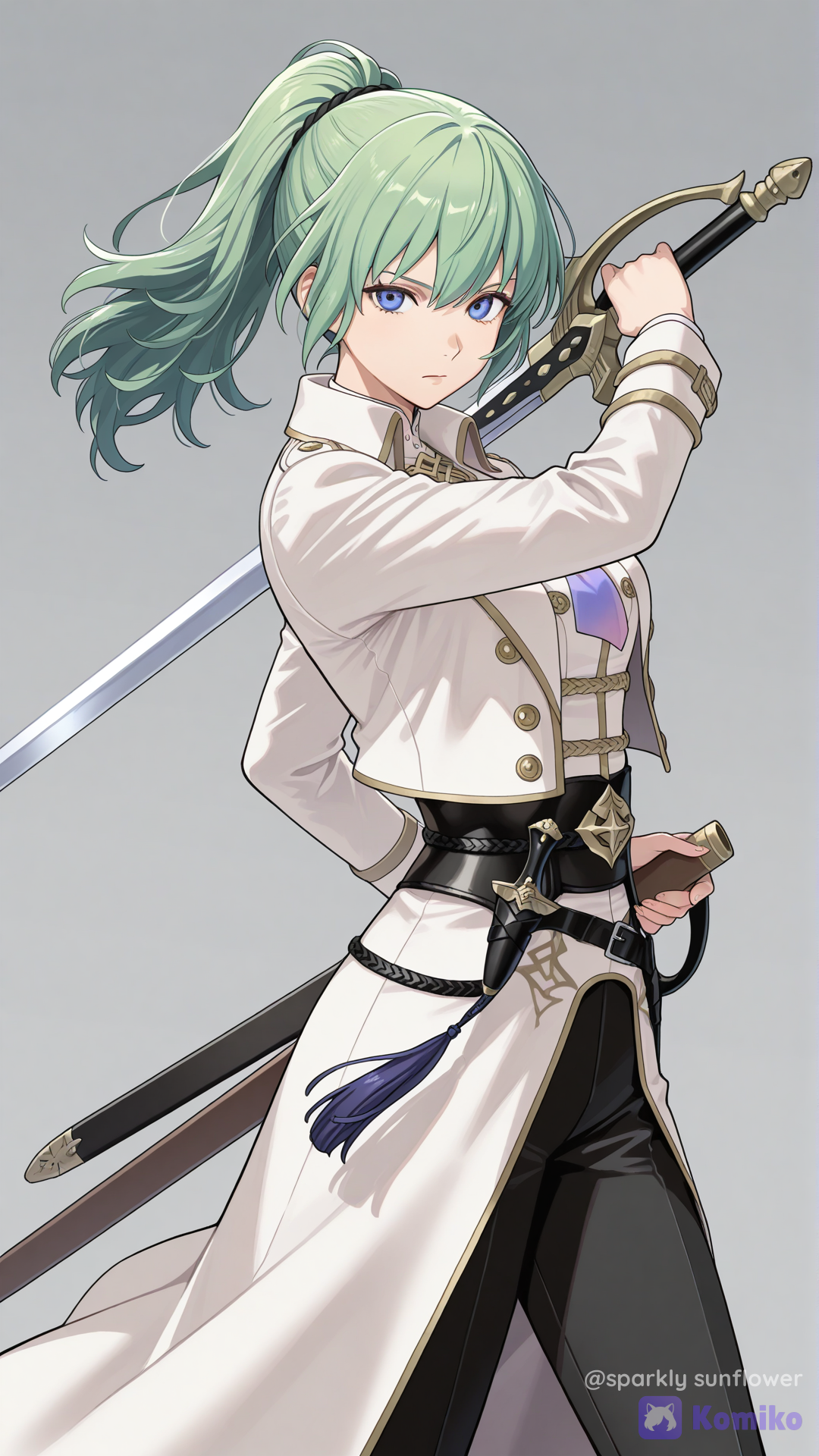 female byleth (fire emblem), official style, super smash bros., holding sword, serious, facing viewer