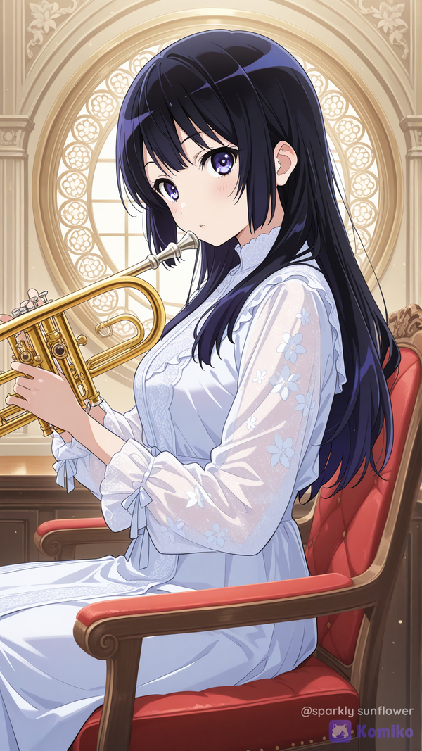 kousaka reina, official style, holding trumpet, sitting, upper body, from side, looking at viewer