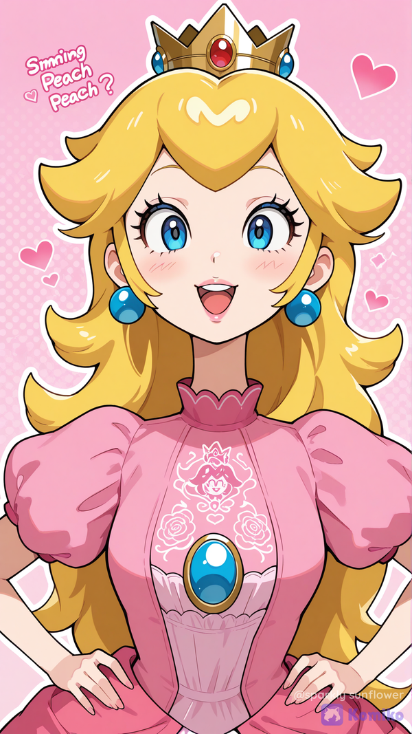 princess peach, smile, upper teeth only, official style, hands on own hips, upper body, facing viewer