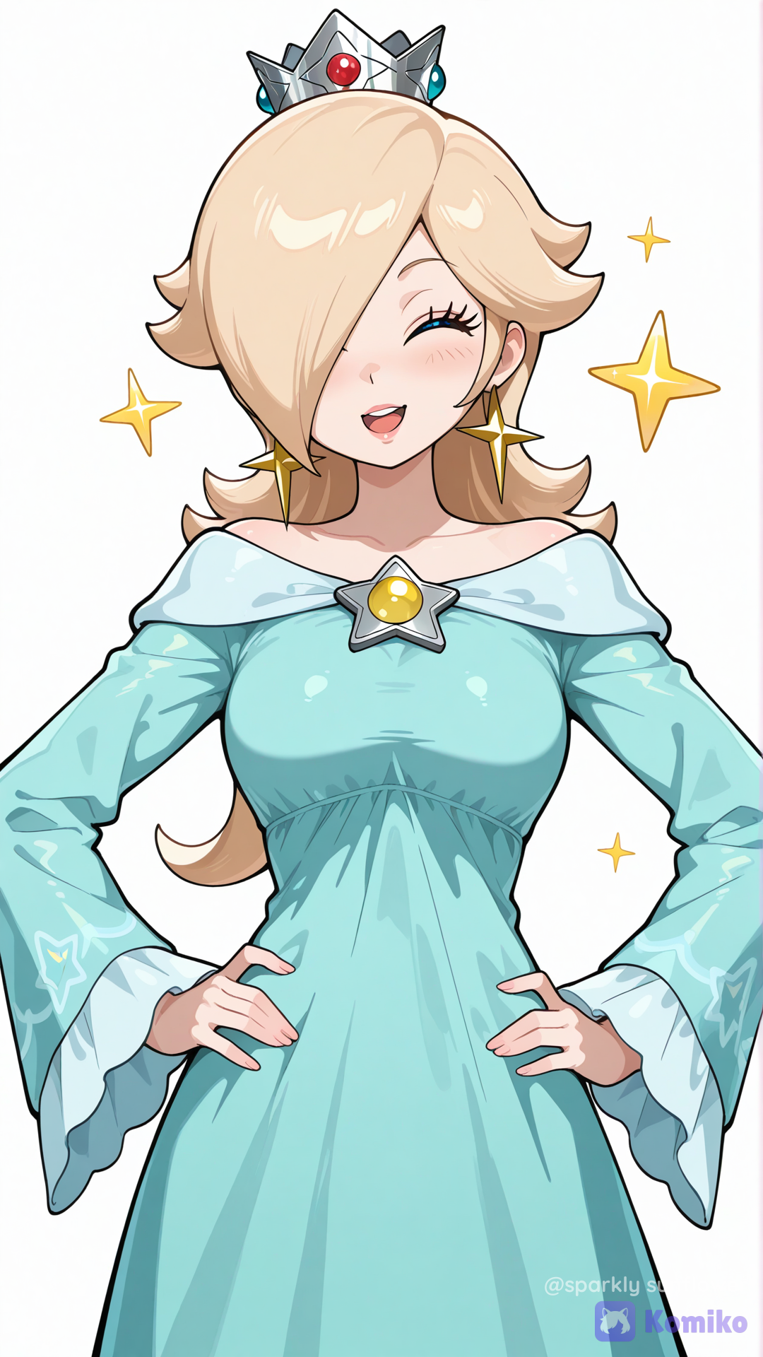 rosalina, smile, upper teeth only, official style, hands on own hips, upper body, facing viewer