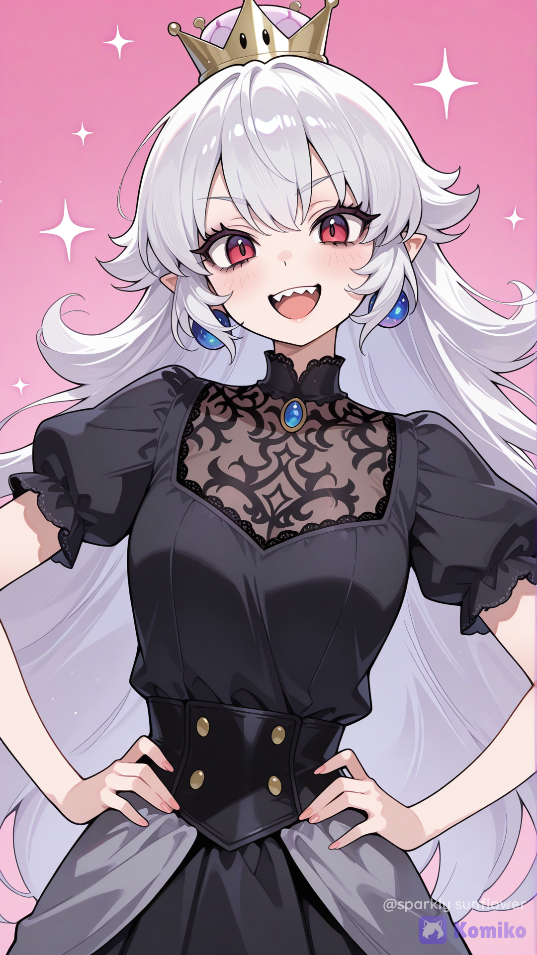 boosette, smile, upper teeth only, official style, hands on own hips, upper body, facing viewer