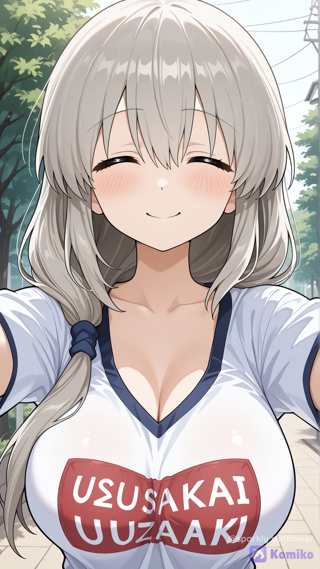 uzaki tsuki, official style, walking, facing viewer, outstretched arms, spread arms, smile, upper body