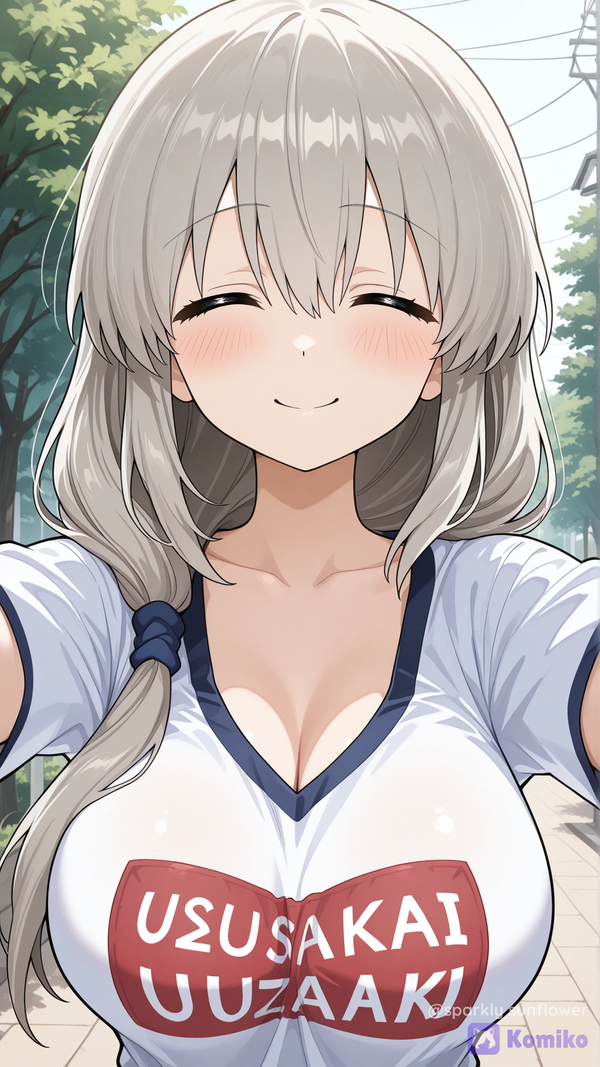 uzaki tsuki, official style, walking, facing viewer, outstretched arms, spread arms, smile, upper body