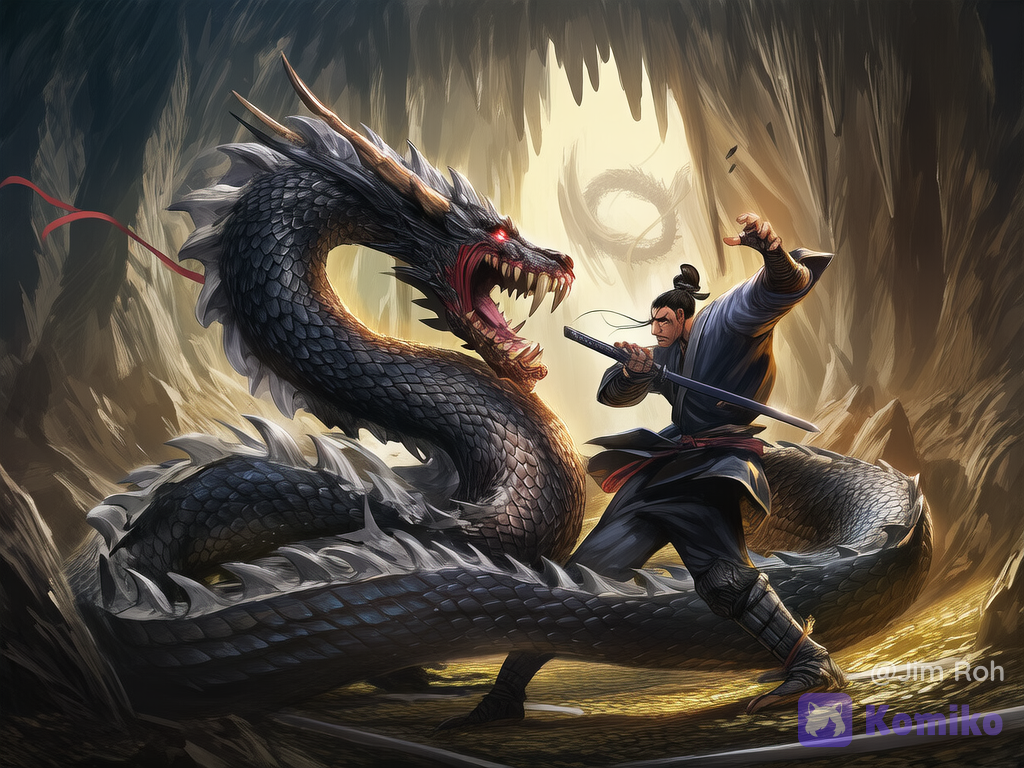 Evil Black Asian Dragon vs Warrior