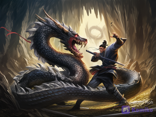 Evil Black Asian Dragon vs Warrior