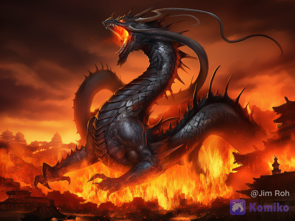 Evil Black Asian Dragon destroy a Village