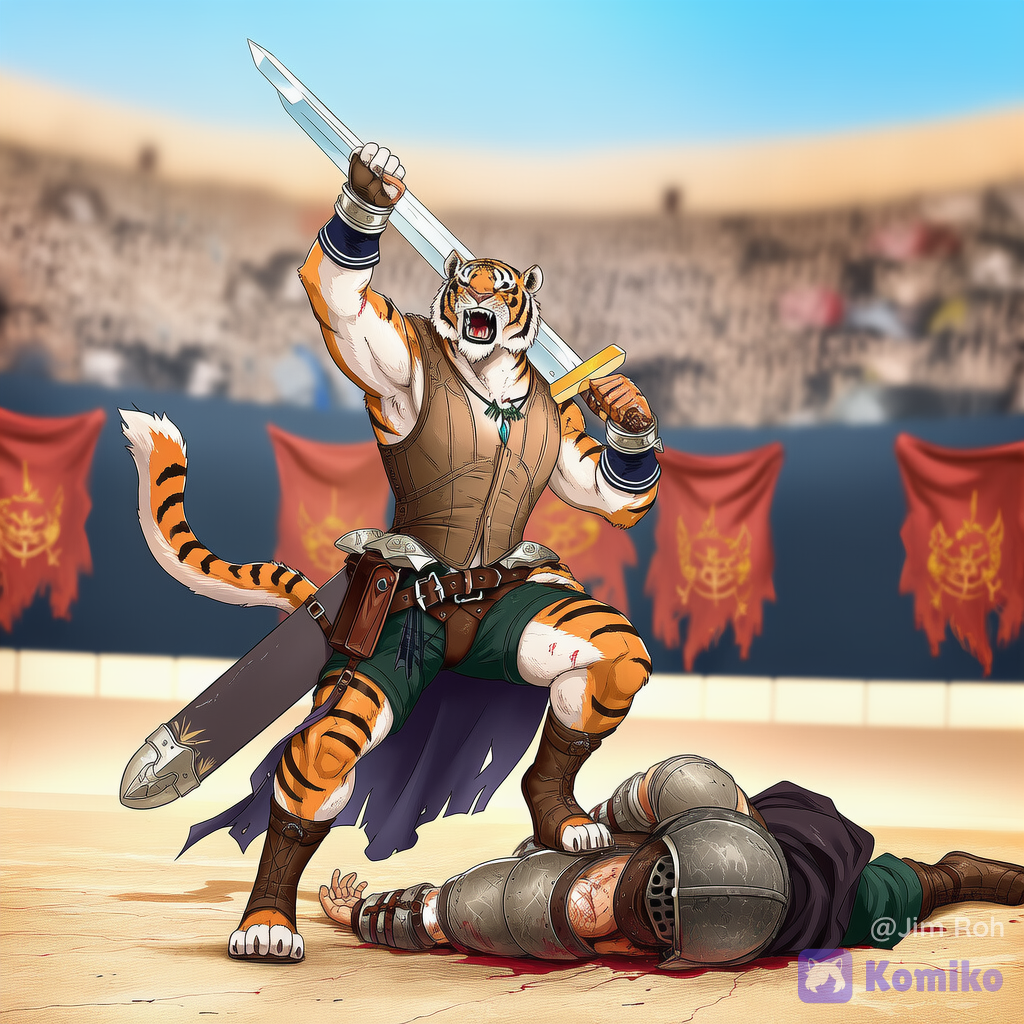 A Tabaxi gladiator triumphs over his opponent in the arena.