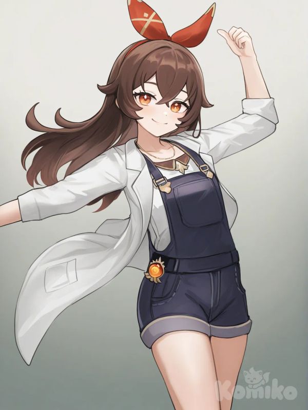 @Amber_(Genshin_Impact), [soft-furry-style], dancing, lab coat, overalls, necklace
