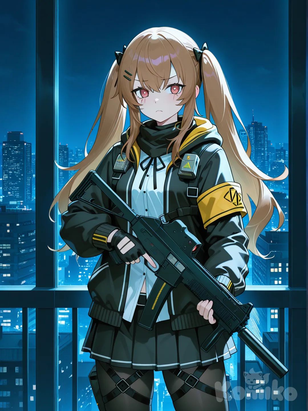 @Ump9_(Girls'_Frontline), holding gun, frown, cowboy shot, cinematic lighting, skyscraper