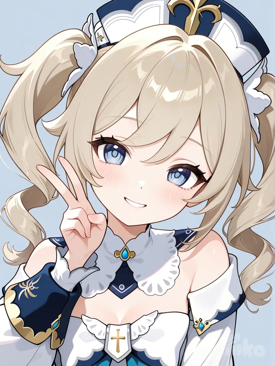 @Barbara_(Genshin_Impact), v sign, looking at viewer, head tilt