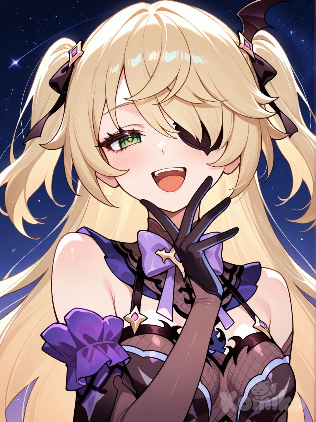 @Fischl_(Genshin_Impact), 1girl, gradient background, night, singing, laughing