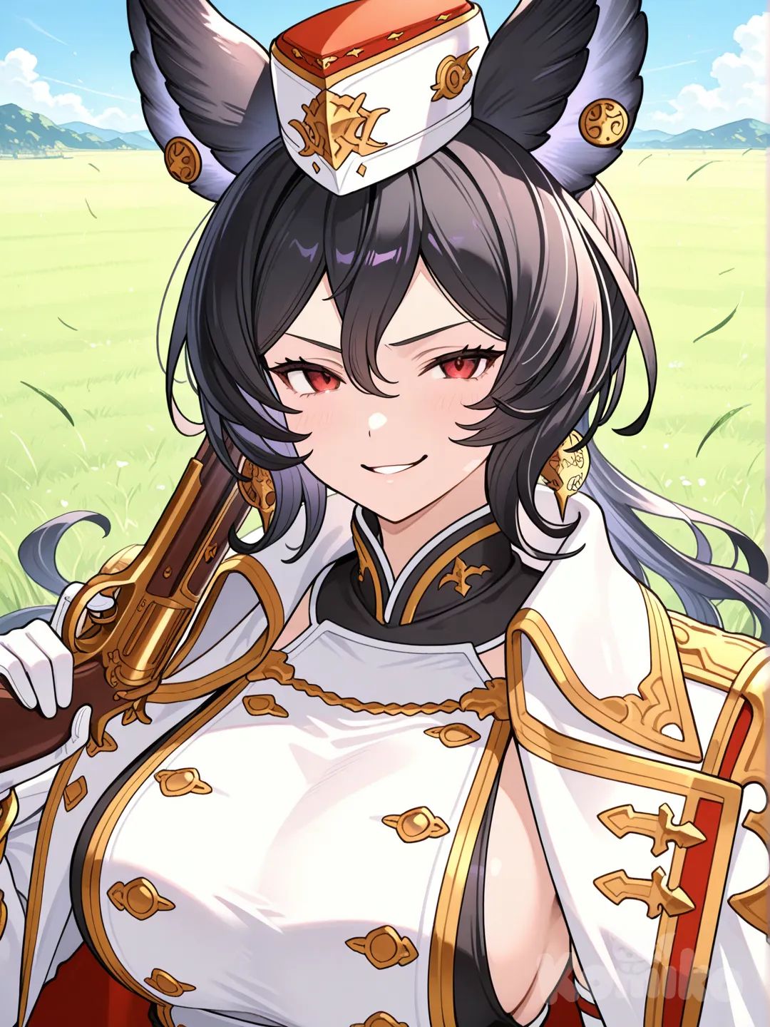 @Ilsa_(Granblue_Fantasy), holding gun, evil smile, upper body, field
