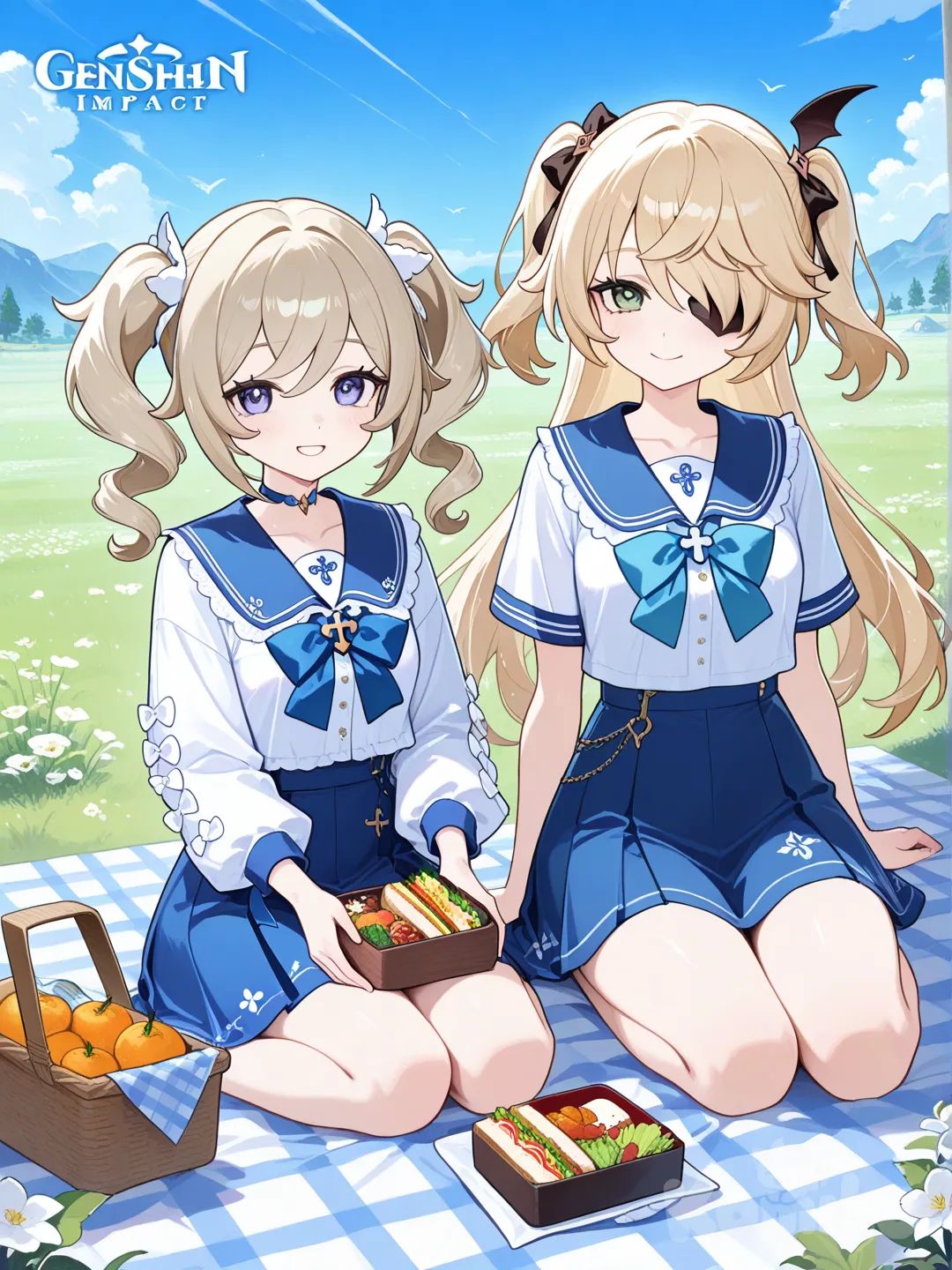 @Fischl_(Genshin_Impact), @Barbara_(Genshin_Impact), picnic, field
