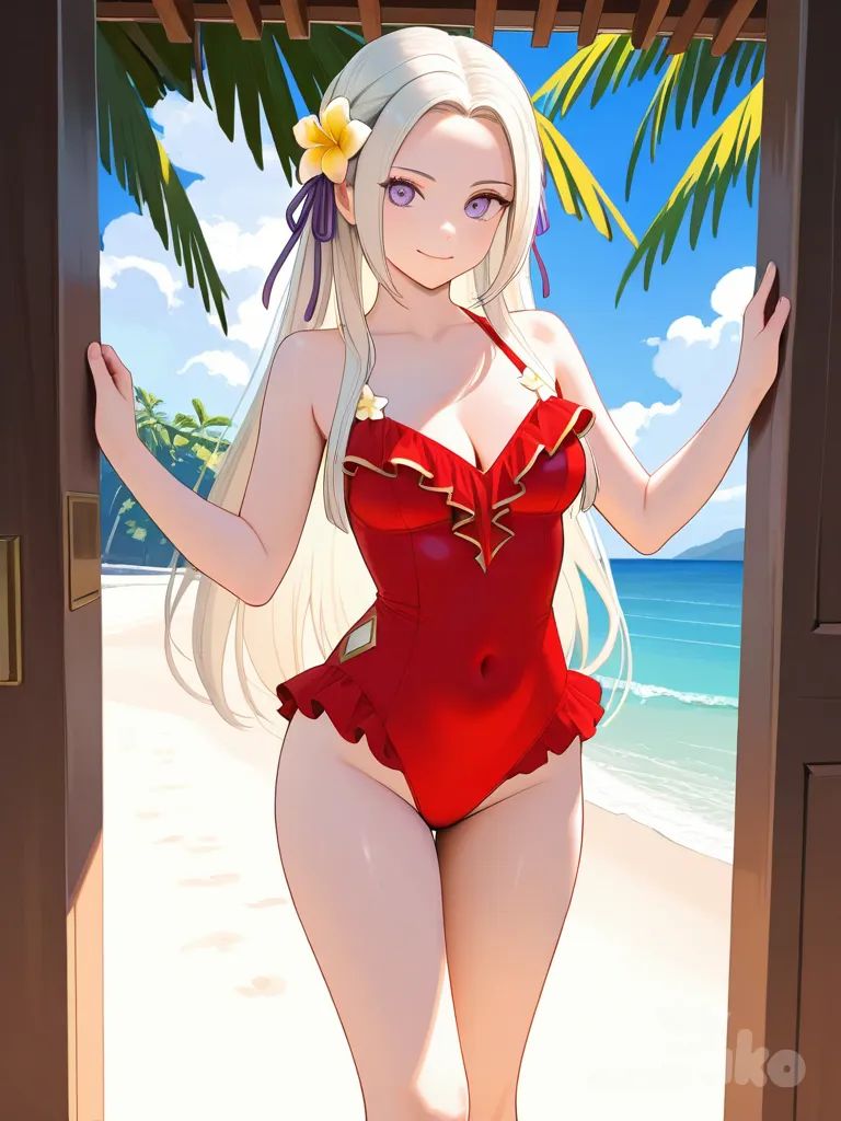 edelgard von hresvelg \(summer\), fire emblem, 1girl, purple eyes, white hair, long hair, hair ribbon, purple ribbon, hair flower, hair ornament, medium breasts, cleavage, covered navel, red one-piece swimsuit, casual one-piece swimsuit, frilled one-piece swimsuit, frills, beach, relaxed pose, happy, looking at viewer