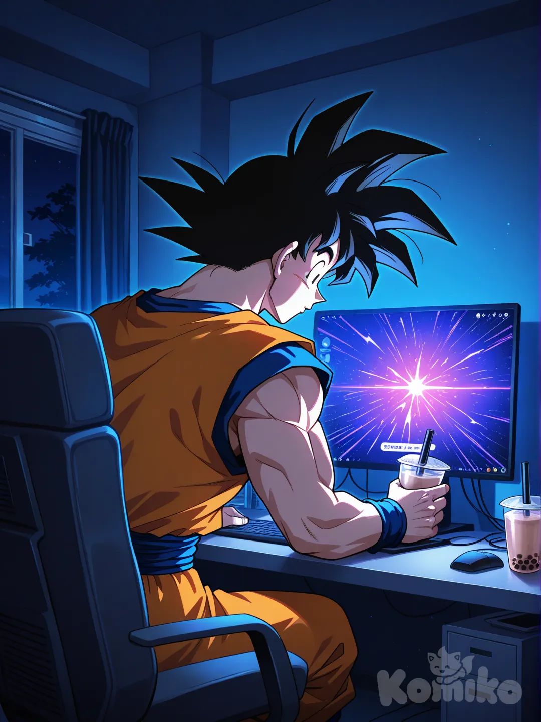 bubble tea, monitor, night, son goku