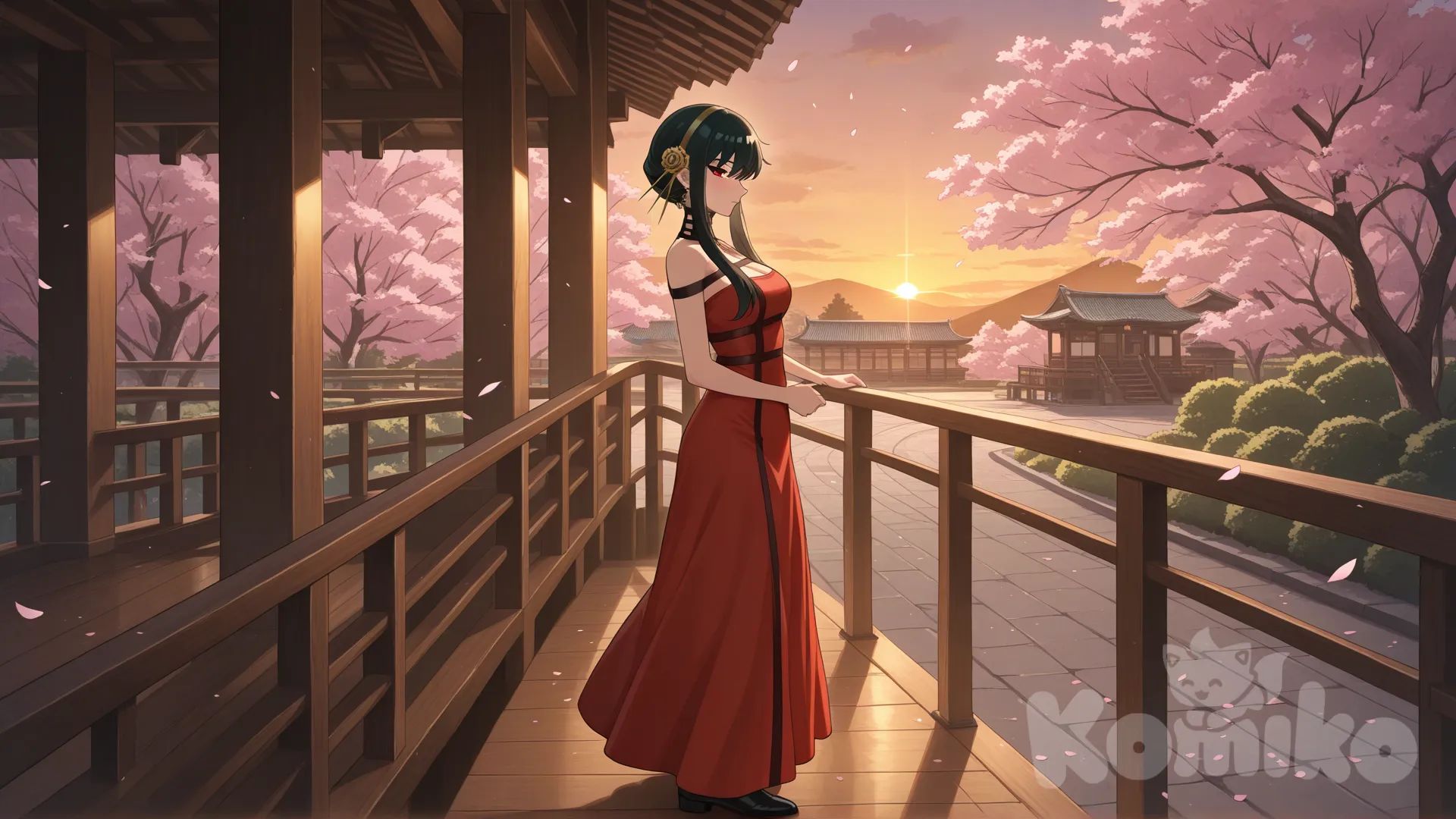 @Yor_Briar
#looking at viewer #looking at viewer #full body# red hot dress, side view , 
Standing holding onto the railing of a Japanese-style black wooden staircase ,day ,side profile photo , relaxed, anime style ,
Evening view , in the middle of a garden full of cherry trees
look like a leader and cool women
cold eyes
Evening sunlight