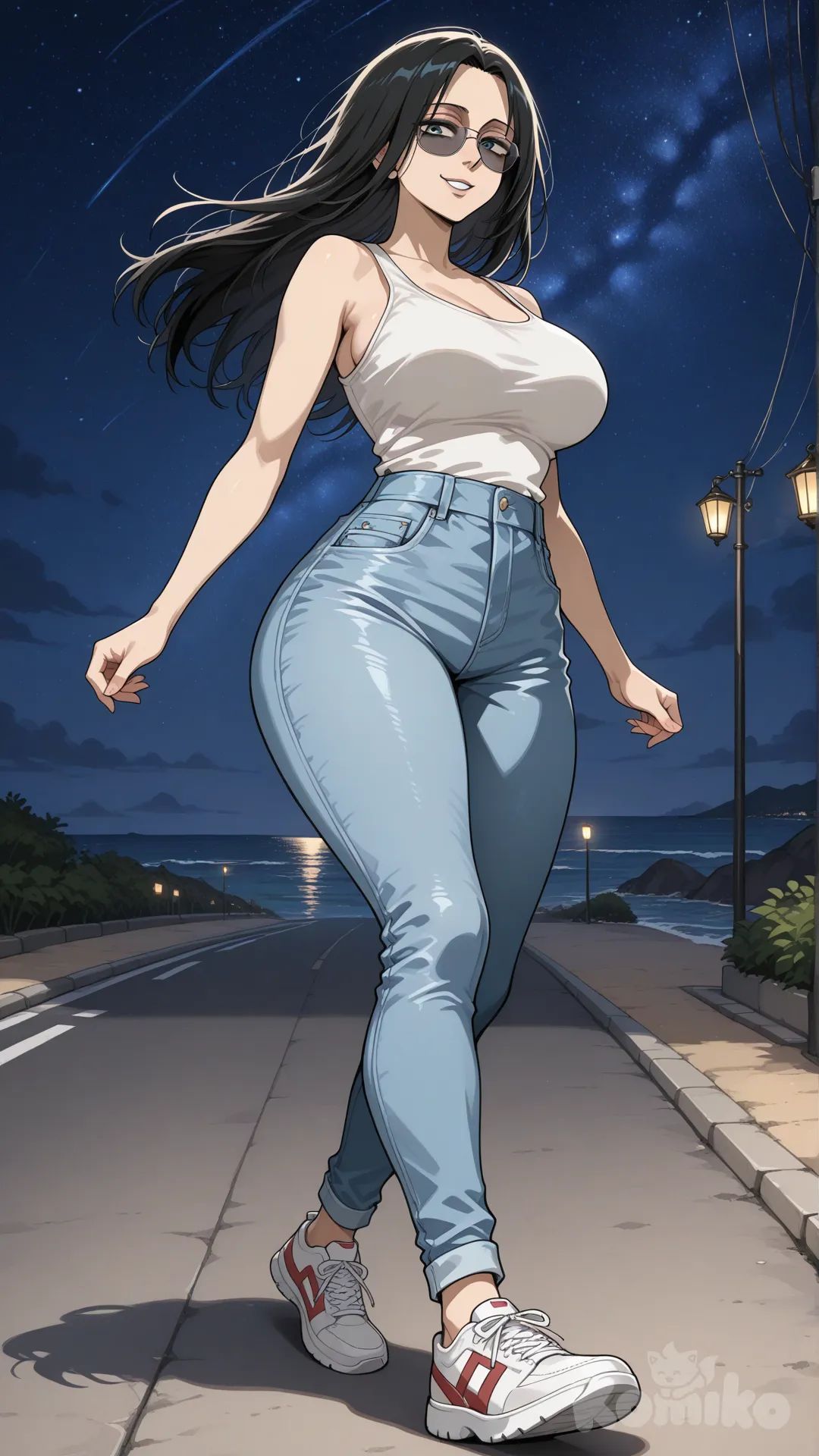 @Levi_(Shingeki_No_Kyojin) #big sister style , Very good figure , longhair

#big sister style , Very good figure , 

#side view 

 # upper body (Focus on the upper body, from the waist up.)

#looking at viewer #full body#, up view , #full body ,from above , day , funny , relaxed, anime style , 

#cool post

, white Thin tank top, jeans, running shoes, sun glasses

relax , Taking a stroll, walking on a sidewalk , on a midnight sunnyday , in the sreet in night market , It has a view of the sea and beach as a backdrop