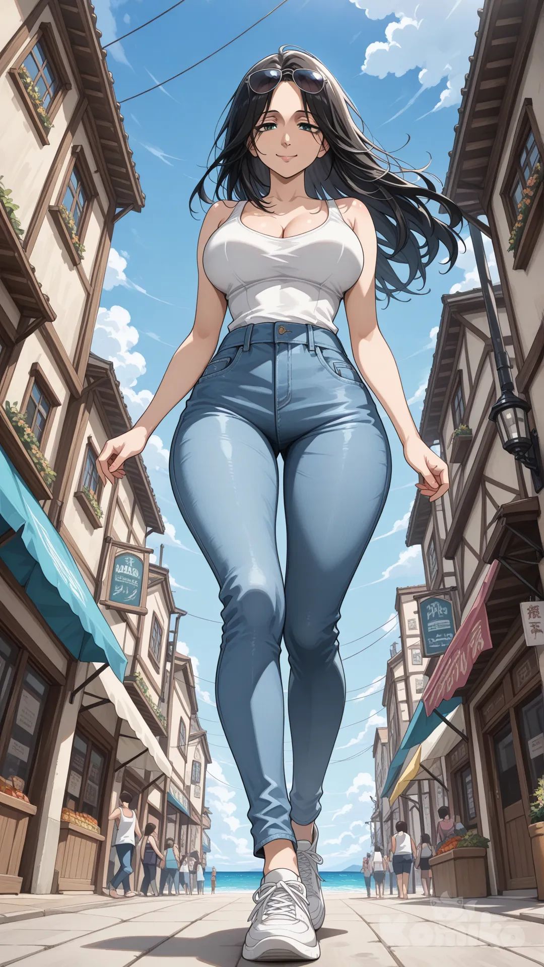 Levi (Shingeki No Kyojin) #big sister style , good figure , longhair

#big sister style , good figure , 

#side view 

 # upper body (Focus on the upper body, from the waist up.)

#looking at viewer #full body#, up view , #full body ,from above , day , funny , relaxed, anime style , 

#cool post

, white Thin tank top, jeans, running shoes, sun glasses

relax , Taking a stroll, walking on a sidewalk , on a sunnyday , in the sreet in market , It has a view of the sea and beach as a backdrop