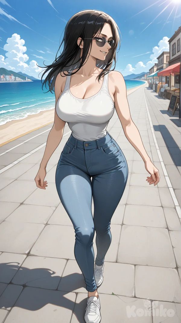 @Levi_(Shingeki_No_Kyojin) #big sister style , good figure , longhair
#big sister style , good figure ,
#side view
# upper body (Focus on the upper body, from the waist up.)
#looking at viewer #full body#, up view , #full body ,from above , day , funny , relaxed, anime style ,
#cool post
, white Thin tank top, jeans, running shoes, sun glasses
relax , Taking a stroll, walking on a sidewalk , on a sunnyday , in the sreet in market , It has a view of the sea and beach as a backdrop