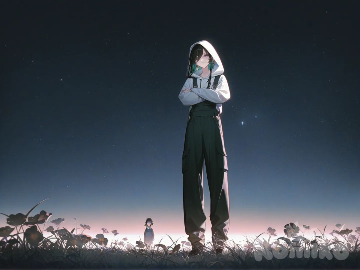 1girl, Yelan (Genshin Impact), Clorinde (Genshin Impact), Yor Briar, Anya (Spy X Family), Twilight (Spy X Family), Gumi, [high-contrast-glossy-style], crossed arms, emotionless, hoodie, overalls, side light, full body,night sky stars and grass and flowers.