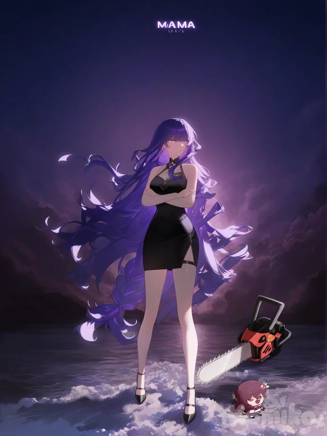 1girl, [moody-glow-style], Raiden Shogun, Beidou (Genshin Impact), Shenhe (Genshin Impact), Power (Chainsaw Man), Makima (Chainsaw Man), Kafka (Honkai:Star Rail), crossed arms, little black dress with maroon color stars on it, looking awa,wave hair, backlight, full body