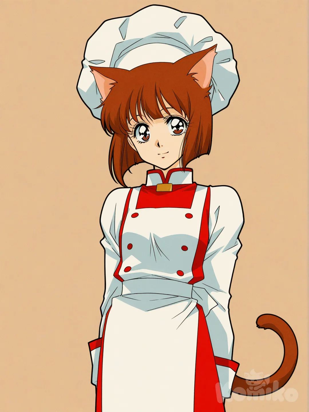 [retro-anime-style] brown hair,bob cut hairstyles, cat ears,white and red chefs outfit,brown tail