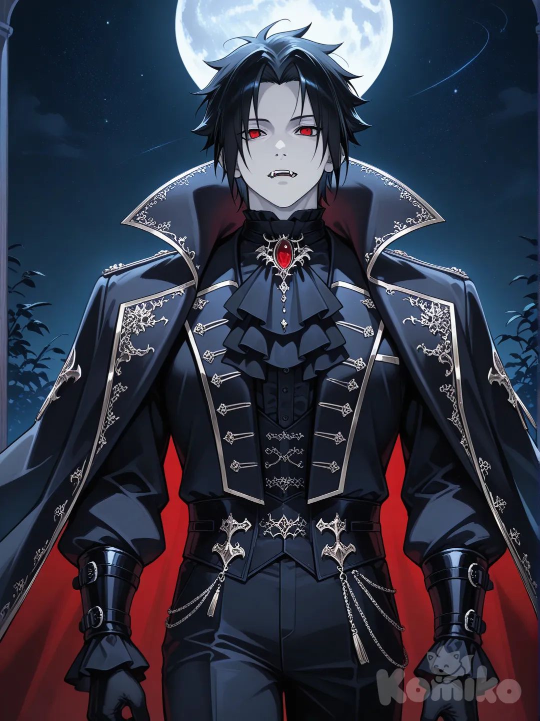 Sasuke Uchiha, adulto, man, maduro, vampire, victorian clothes, capa, fondo paisaje de noche