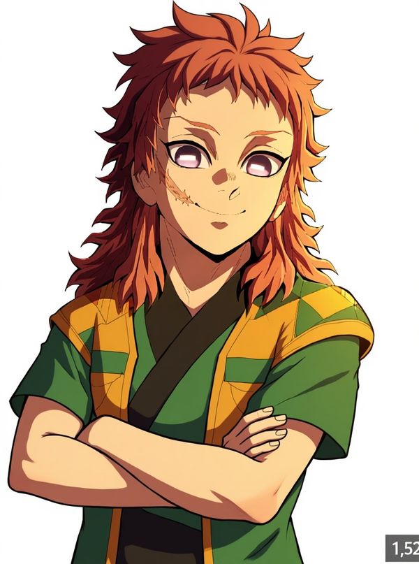1boy, teenage boy, muscular male, brown_hair, purple_eyes, brown_eyes, scar, demon_slayer_(style), anime_coloring, single character, full body, looking at viewer, anime style, simple background, white background