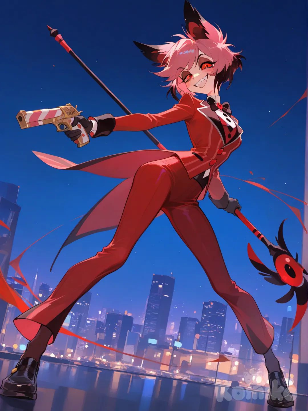@Alastor_The_Radio_Demon, holding gun, full body, head tilt, smile, night, city lights, [soft-shading-style]