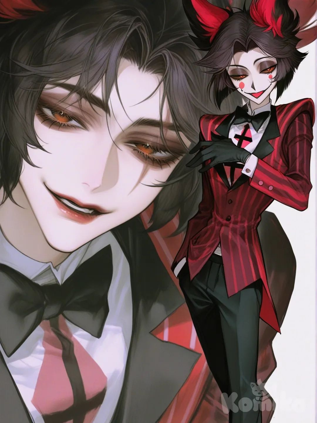 [semi-realistic-portrait-style] 1boy, hazbin hotel, teenager, tall, black_hair, brown_eyes, scar, suit, single character, full body, looking at viewer, anime style, simple background, white background