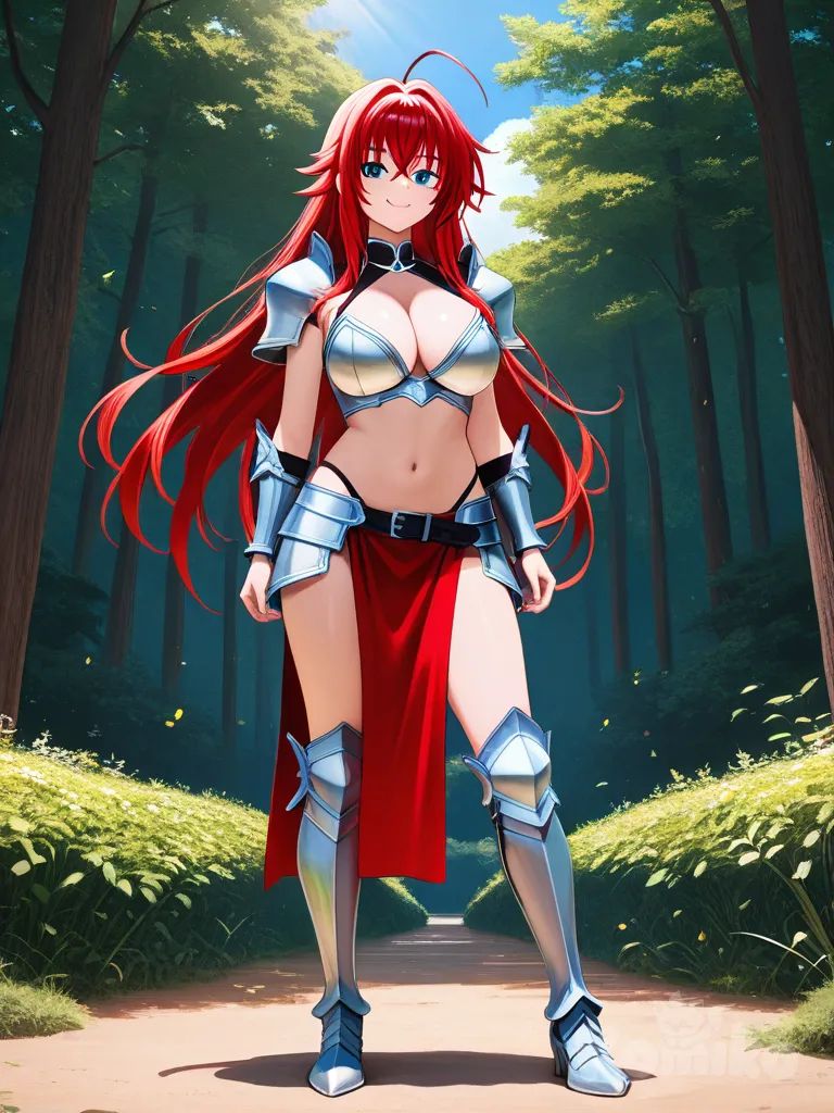 1girl, rias_gremory, red_hair, blue_eyes, long_hair, large_breasts, athletic, beautiful, smile, heroic_pose, bikini_armor, bronze_cloth, falcon_motif, exposed_abdomen, cleavage, shoulder_armor, forearm_armor, leg_armor, standing, forest, blue_sky, sunlight_filter, highly_detailed, elegant, powerful, single_character, full_body, looking_at_viewer, anime_style, simple_background, white_background