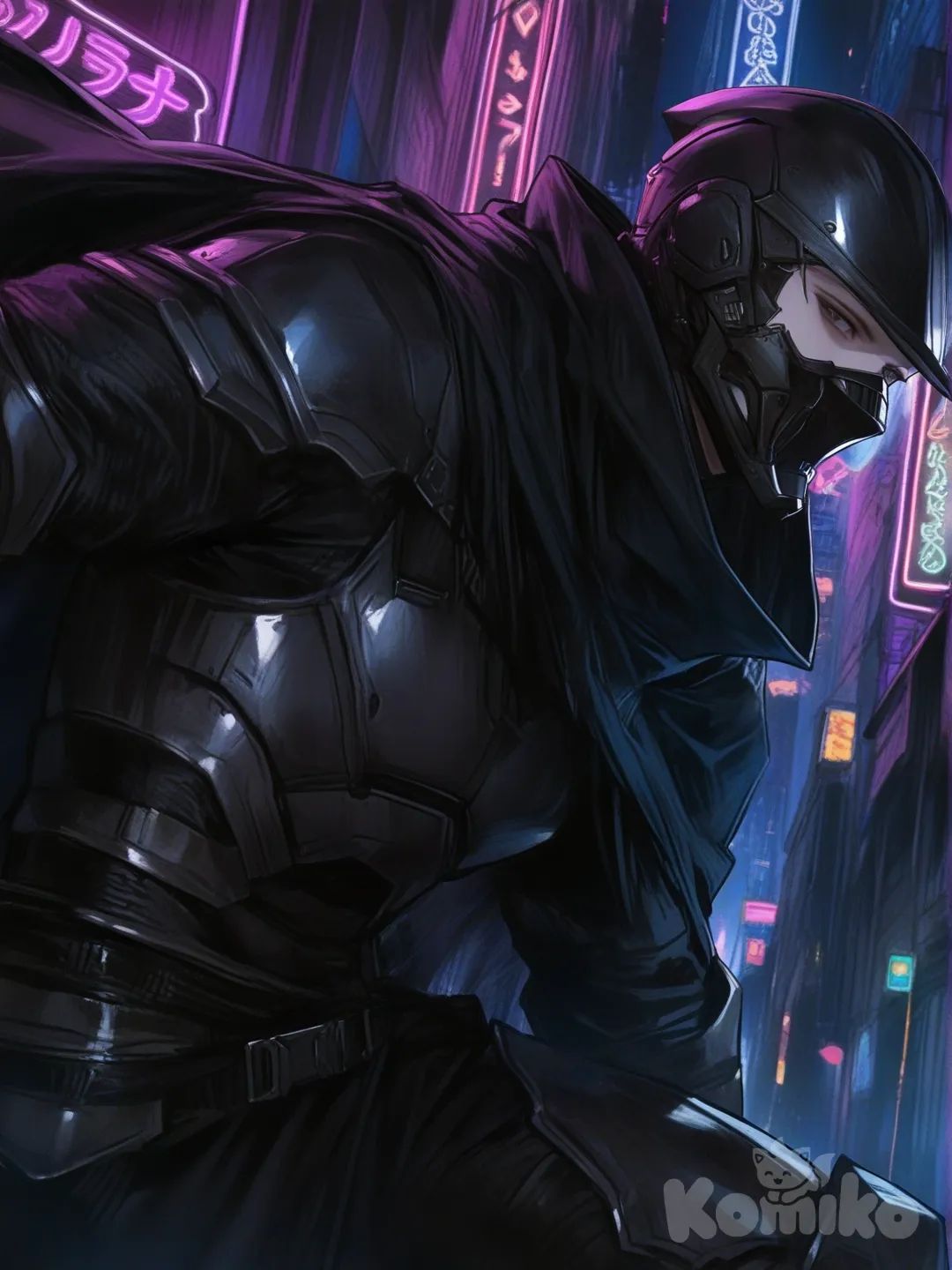 black armor, mask on head, chromatic mask, black cape, male focus, futuristic city, mask, [semi-realistic-portrait-style], sleek armor, no facial features, pure black mask