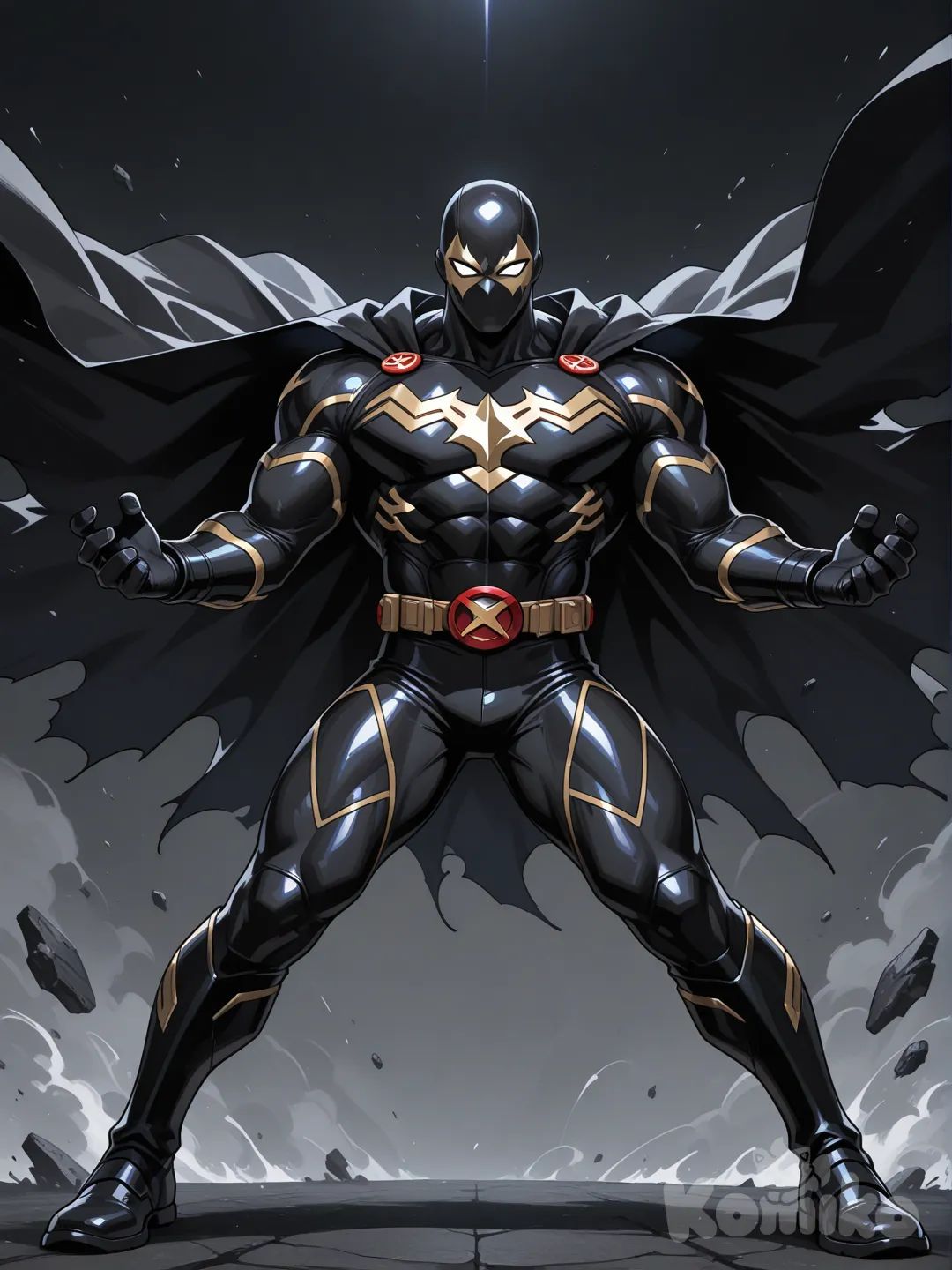 superhero, black armor, mask on head, chromatic mask, black cape, male focus