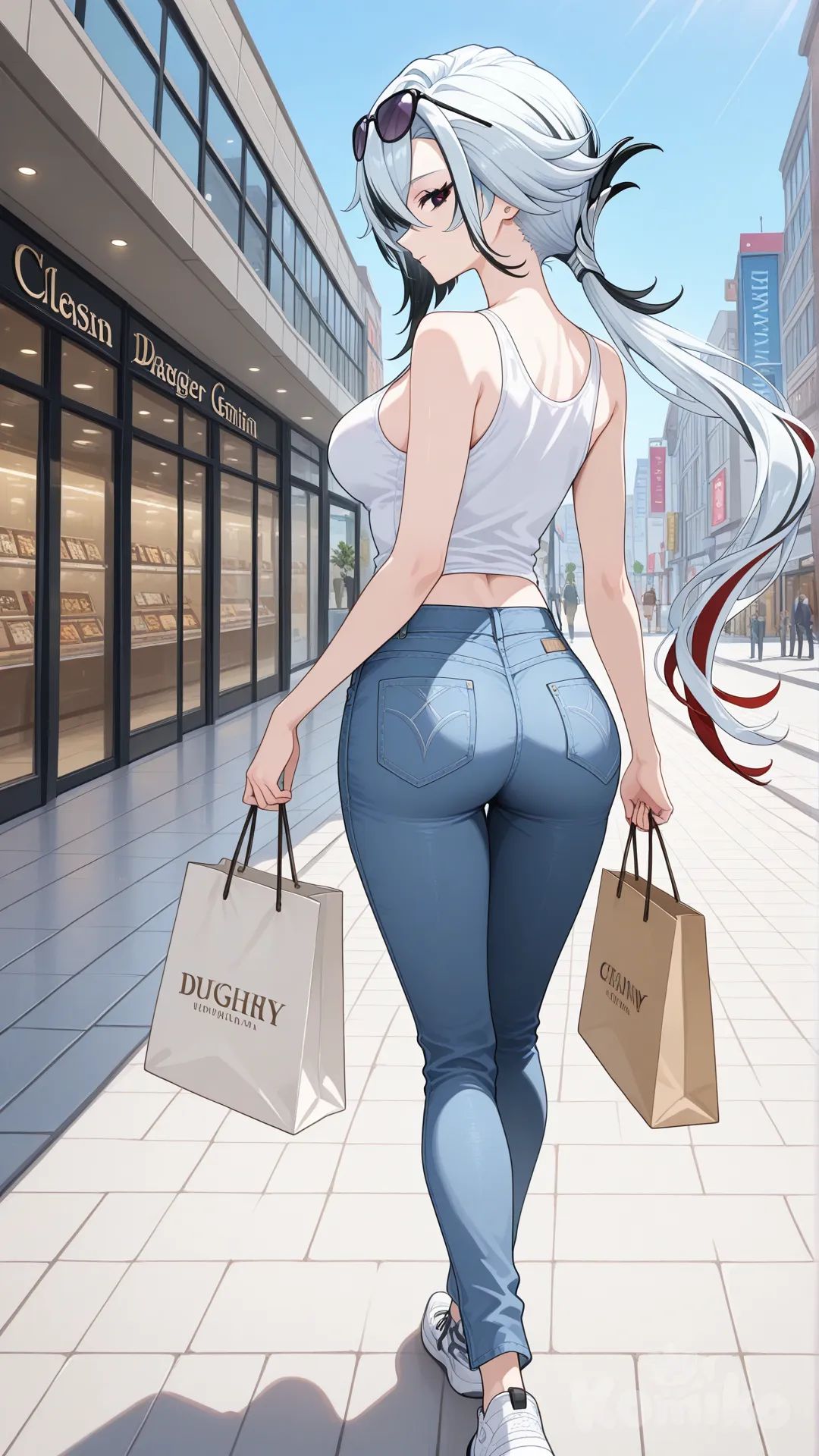 @Arlecchino_(Genshin_Impact) big sister style 

#big sister style , good figure , 

#side view 

 # upper body (Focus on the upper body, from the waist up.)

#looking at viewer #full body#, up view , #full body ,from above , day , funny , relaxed, anime style , 

#cool post

,white Thin tank top, jeans, running shoes, sun glasses

relax , Taking a stroll, walking on a sidewalk , on a midnight sunnyday , in the shopping mall carrying a bag full of a brand name clothes in her hands.