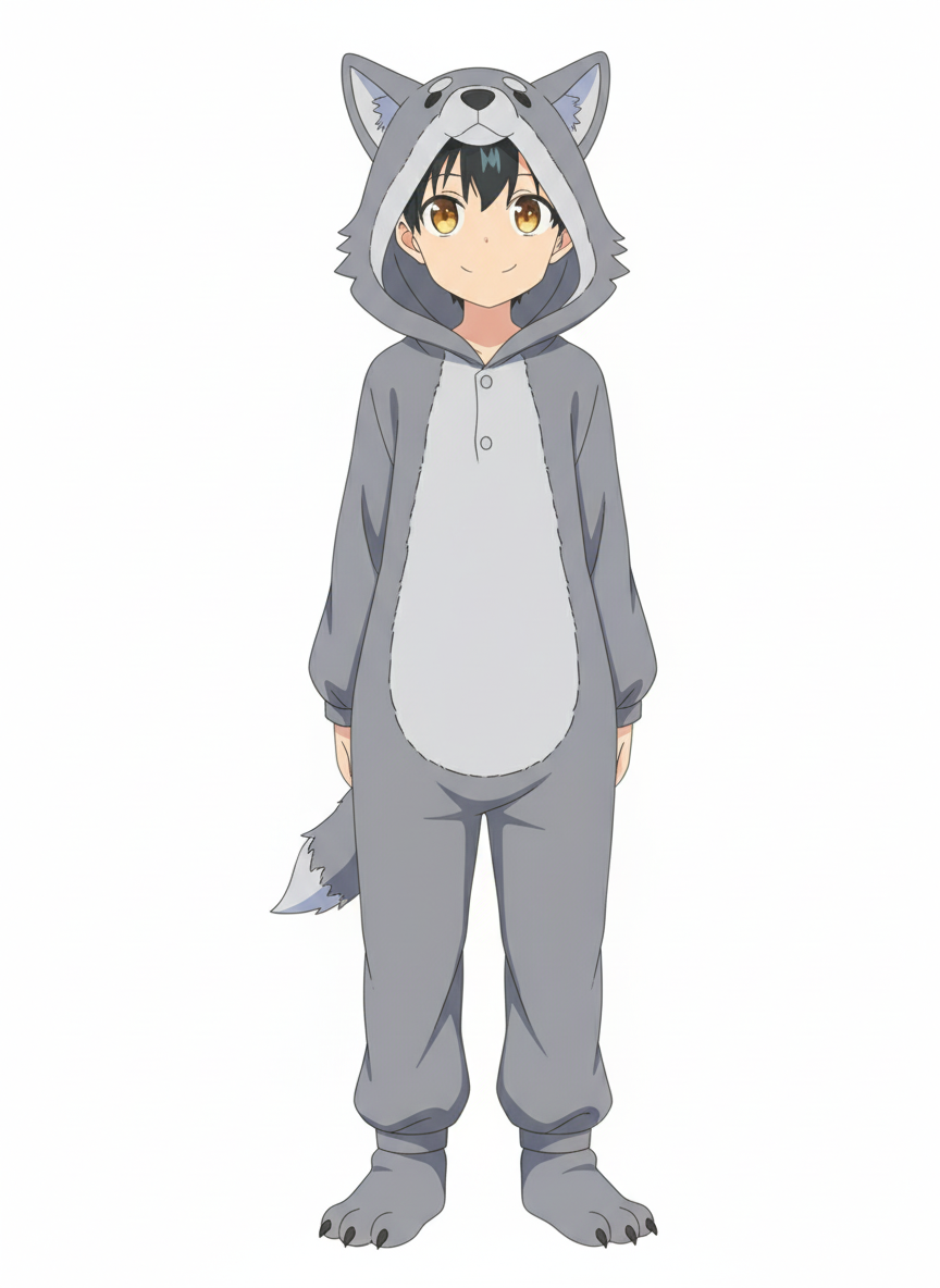 replace clothing with gray wolf pajamas, the pajamas include a hood with wolf ears that is more often worn laying off the head.