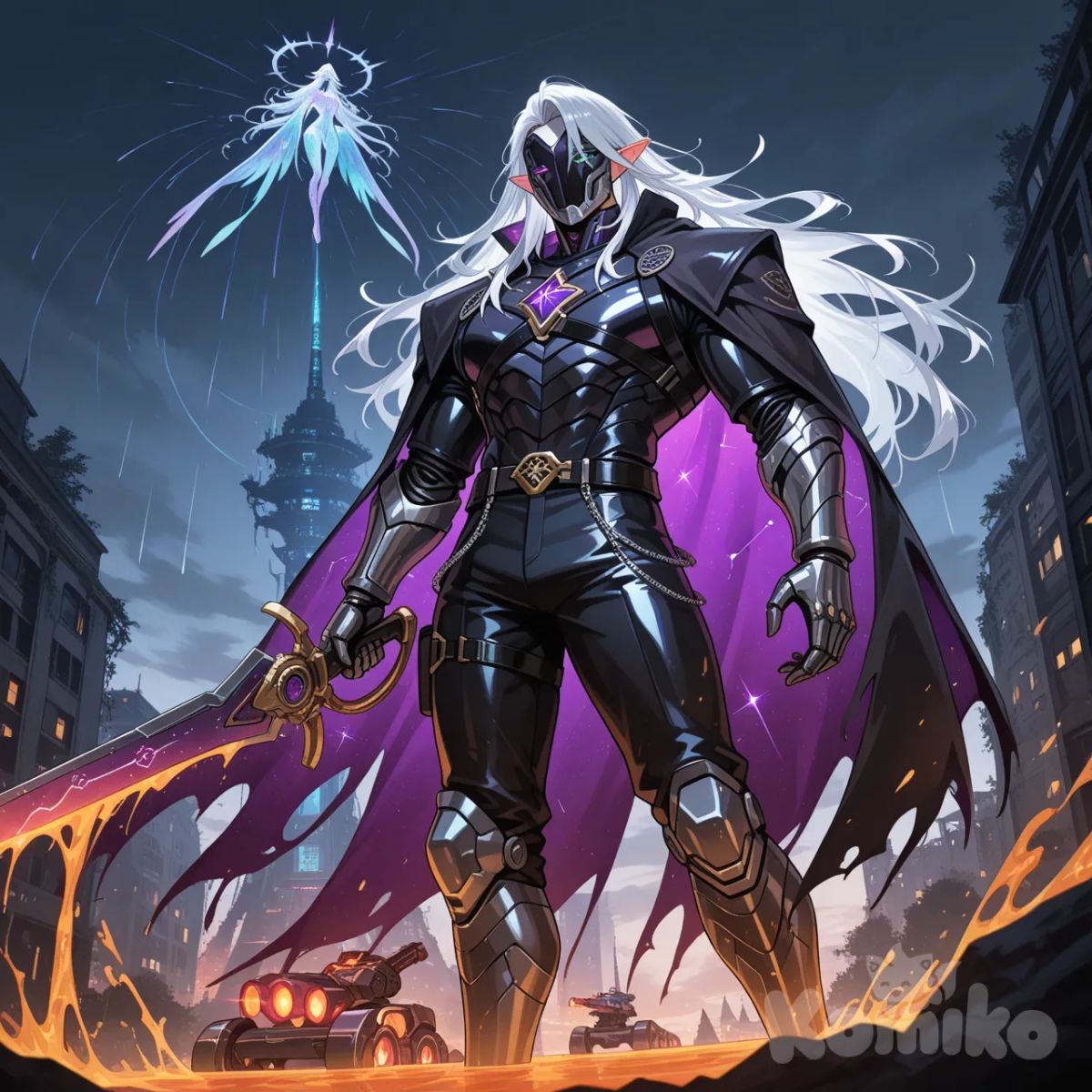 Epic high-fantasy cyberpunk fusion warrior, 6’8” lean-muscular build with bioluminescent cybernetic augmentations weaving across obsidian skin like liquid starlight, face half-hidden by a shattered obsidian helmet etched with glowing elven runes that pulse electric violet, the other side revealing sharp elven cheekbones, piercing heterochromatic eyes (left: molten gold with a slit pupil, right: neon blue cybernetic lens streaming data), silver-white hair cascading in loose waves down to his waist, streaked with strands of bioluminescent cyan and magenta that glow faintly in shadow. Clad in a tattered midnight-black leather cloak lined with iridescent dragon scales that shift color from emerald green to deep crimson when moved, secured by a chest harness of interlocking titanium plates engraved with ancient dwarven craftsmanship, adorned with stolen celestial gems that emit a soft ethereal glow. His left arm is a massive cybernetic prosthetic forged from adamantium and infused with arcane energy, ending in retractable plasma claws that crackle with blue lightning, while his right hand wields a legendary hybrid weapon—half elven longsword with a blade forged from starsteel that shimmers with constellations, half plasma rifle with glowing circuit patterns running along the hilt, steam and sparks venting from its muzzle. He stands atop the crumbling spire of a futuristic megacity overrun by overgrown bioluminescent forests, giant neon billboards flickering in the background with alien scripts, distant skyscrapers piercing a stormy sky filled with swirling purple and green auroras, rain pouring down in silver sheets that glisten on his armor, puddles reflecting the chaos of flying hovercraft and battling mythical creatures (a griffin with cybernetic wings, a hydra with laser-shooting heads) in the distance. His stance is confident yet menacing, weight shifted to one leg, free hand resting on the hilt of a secondary dagger sheathed at his thigh (carved from a phoenix’s talon, glowing with inner fire), cloak billowing dramatically in the wind, muscles tensed as if ready to pounce, a faint smirk playing on his lips that reveals sharpened elven fangs. Hyper-textures: weathered leather, scratch-marked metal, dewy leaves, wet skin with subtle cybernetic port scars, individual strands of hair with light reflection, gem facets catching every ray of light. Cinematic lighting, dramatic low-angle shot, 8K resolution, photorealistic rendering with fantasy cyberpunk aesthetic, volumetric fog curling around his feet, lens flare from distant neon signs, particle effects (glowing embers, cybernetic sparkles, raindrop splashes), ultra-background with depth of field, inspired by the art styles of Greg Rutkowski, Simon Stålenhag, and Beeple, trending on ArtStation, quality, no blur, sharp focus on every intricate detail.