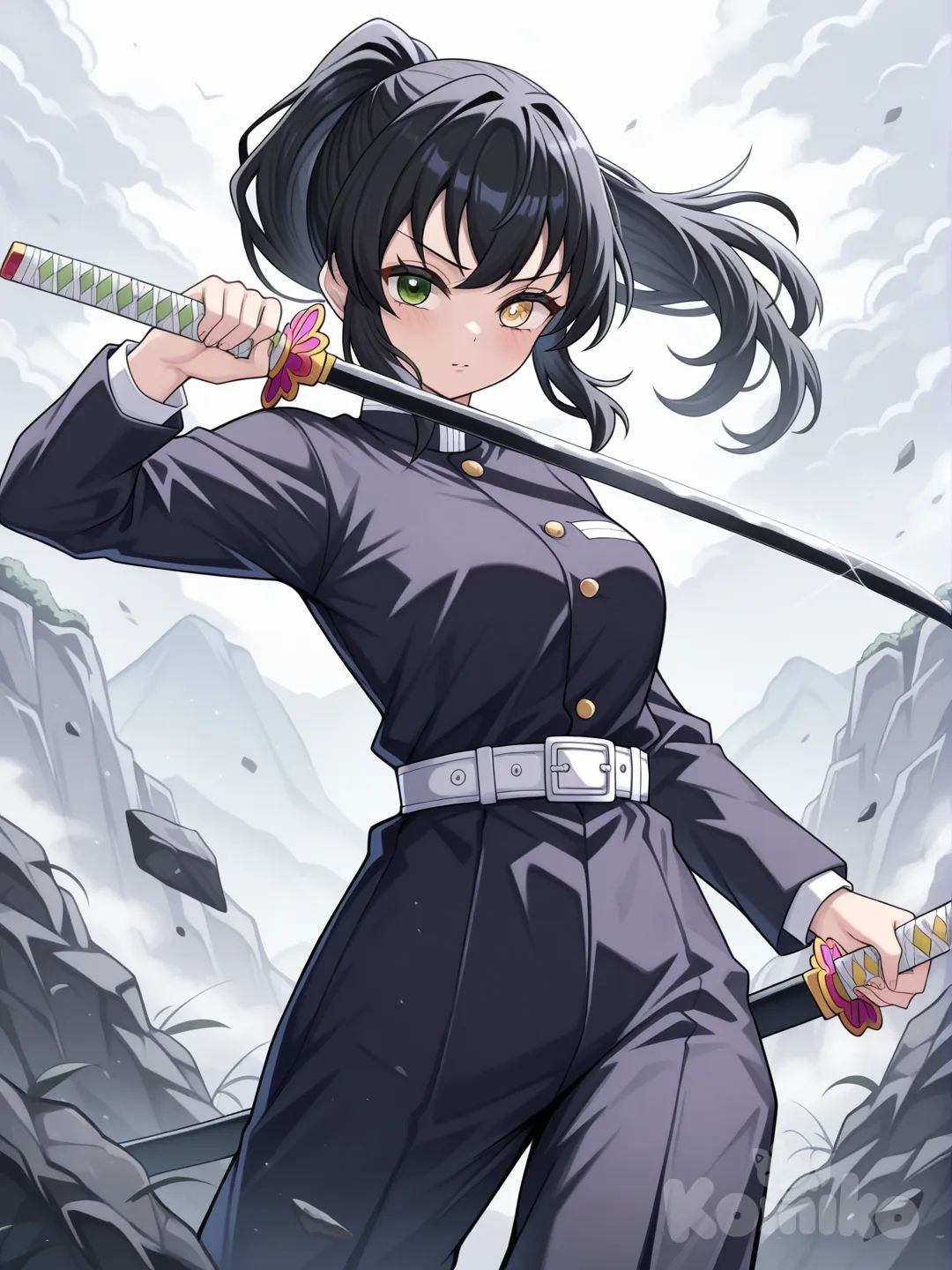 1girl, holding sword, Demon slayer art style, standard demon slayer uniform hashira with pants, high ponytail, black hair, heterochomia eyes, left eye yellow, right eye green, kimetsu no yaiba, Kimetsu no yabi art style