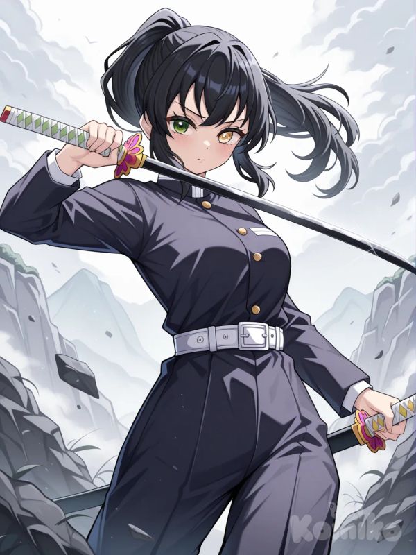 1girl, holding sword, Demon slayer art style, standard demon slayer uniform hashira with pants, high ponytail, black hair, heterochomia eyes, left eye yellow, right eye green, kimetsu no yaiba, Kimetsu no yabi art style