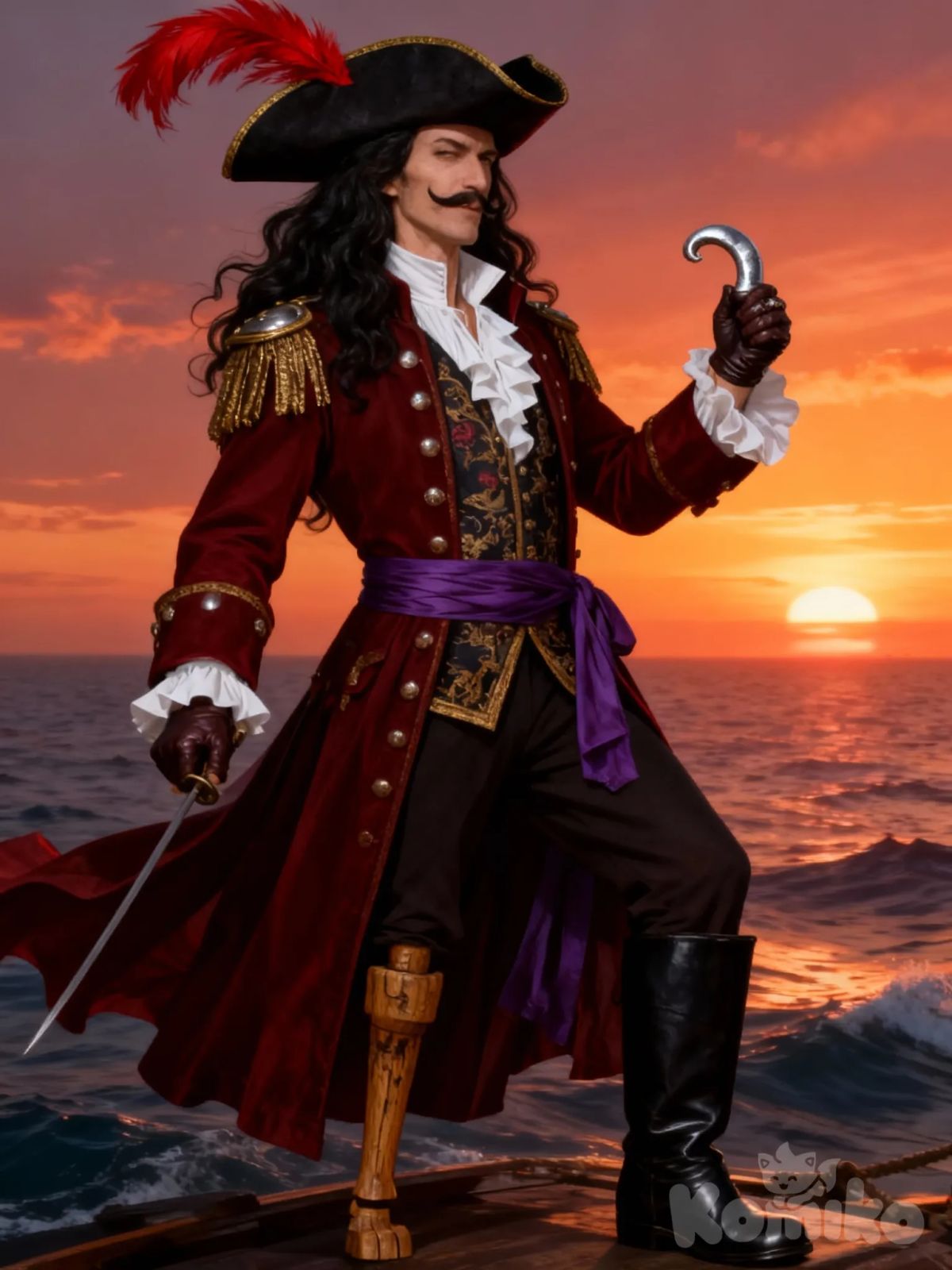 Gera uma imagem dessa pessoa Um pirata elegante e ameaçador, de aparência clássica. Ele tem cabelos longos, pretos e ondulados, e usa um chapéu tricórnio grande, adornado com uma pena vermelha. Seu rosto é fino, com bigode curvado para cima, barba bem-feita e expressão arrogante. O olho esquerdo é ligeiramente mais fechado, dando um ar de desconfiança.

Ele veste um casaco longo vermelho escuro, com detalhes dourados e botões brilhantes, ombreiras decorativas e punhos de renda branca. Por baixo, usa uma camisa branca de gola alta e um colete bordado.

Seu braço esquerdo é substituído por um gancho metálico prateado, polido e elegante, curvado como uma garra. No braço direito, usa uma luva de couro escuro segurando uma espada fina.

A perna direita é de madeira, bem esculpida, com marcas de uso, enquanto a perna esquerda usa uma bota preta de cano alto. Ele se equilibra com uma postura imponente, quase teatral.

Atrás dele, o casaco balança ao vento, revelando uma faixa de tecido roxa na cintura. A aparência geral combina sofisticação aristocrática com brutalidade pirata.
Não coloca esse cachorro da imagem