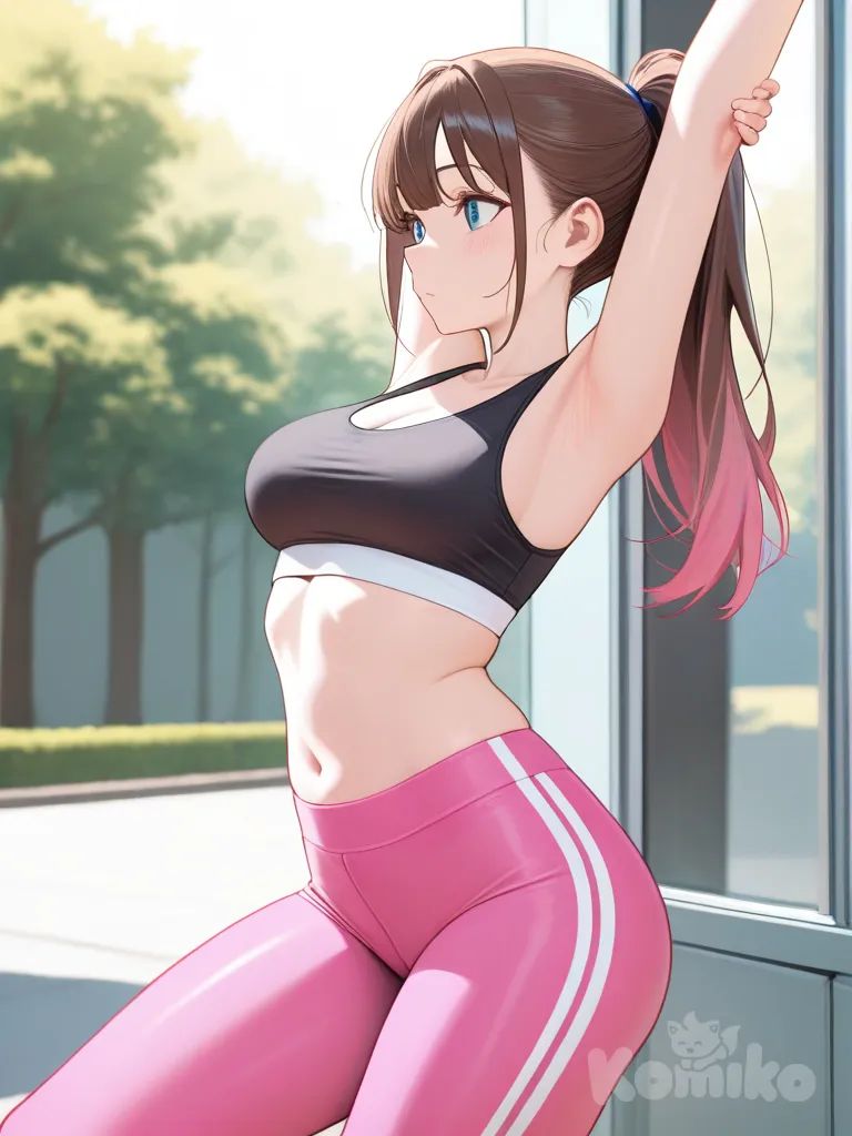 A athletic girl in a black sports bra, tight neon pink spandex, stretching, ponytail, sporty, brown hair