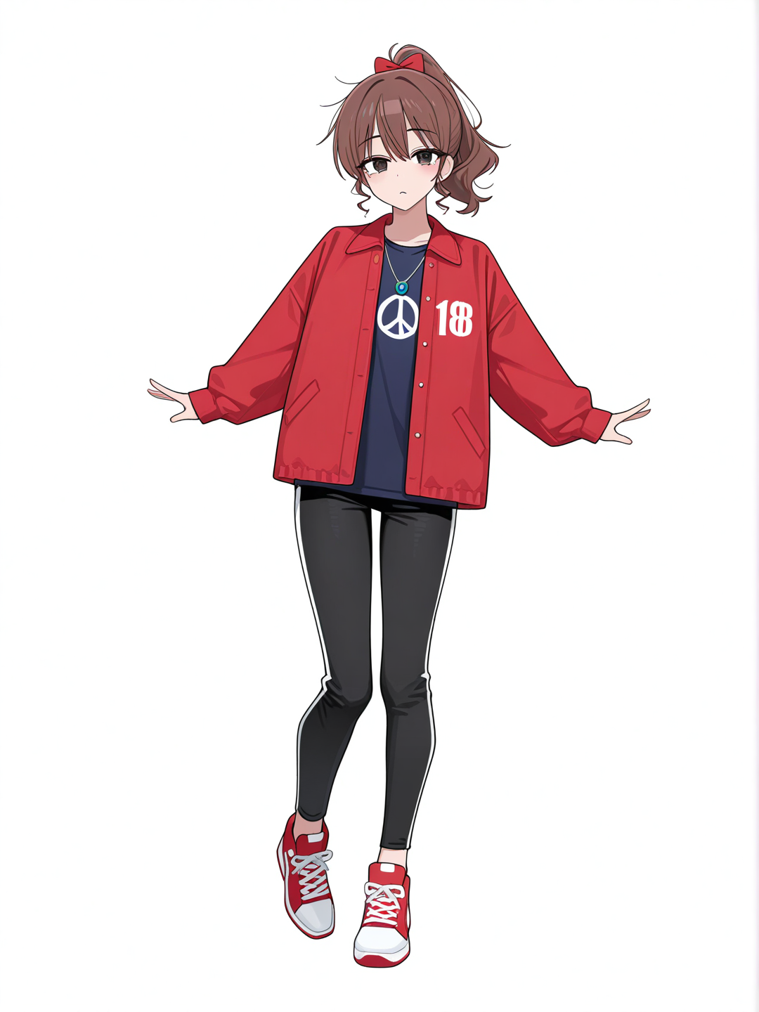 [toon-shaded-style] 1girl, semi-realistic, teenager, dark_brown_eyes, light_brown_skin, dark_curly_brown_hair, high_ponytail, red_bow, animal_stripe_coat, blue_necklace, peace_sign, red_shoes, black_pants, dark_blue_shirt, single_character, full_body, looking_at_viewer, simple_background, white_background